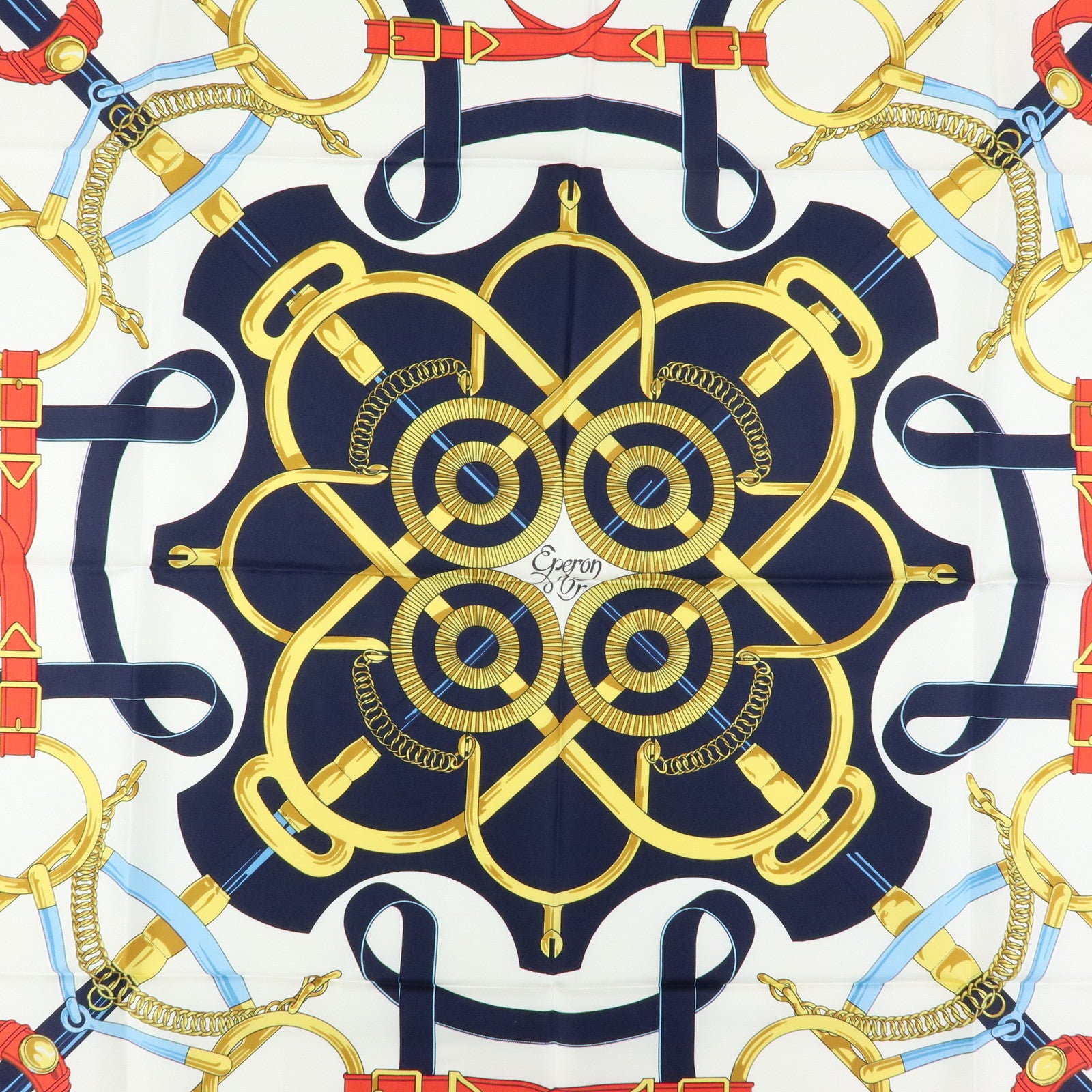 HERMES Carre 90 Silk 100% Scarf Eperon d'or White Navy Red Yellow