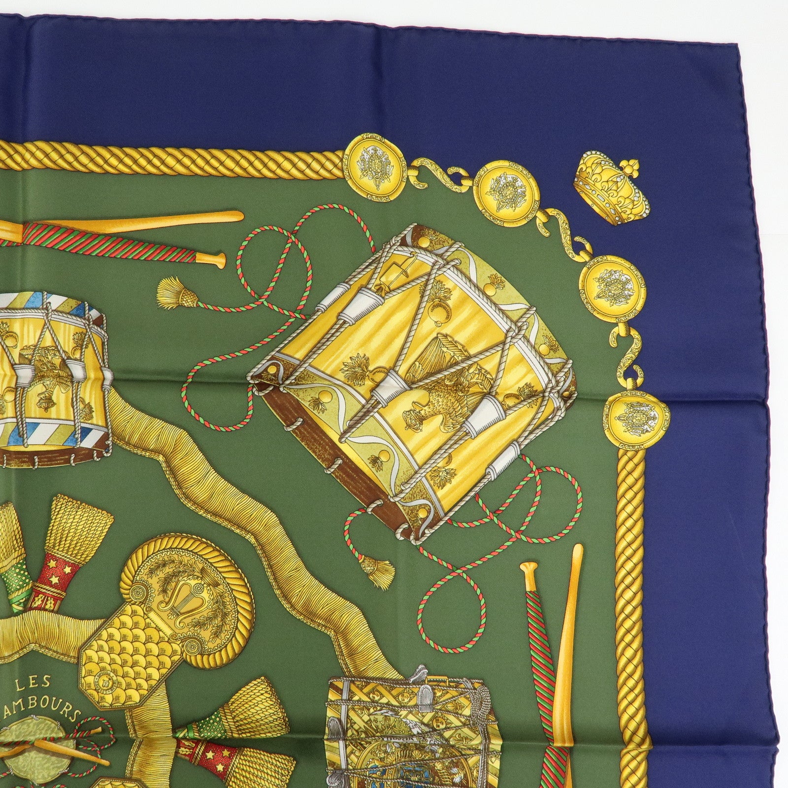HERMES Carre 90 Silk 100% Scarf LES TAMBOURS Khaki Navy Gold