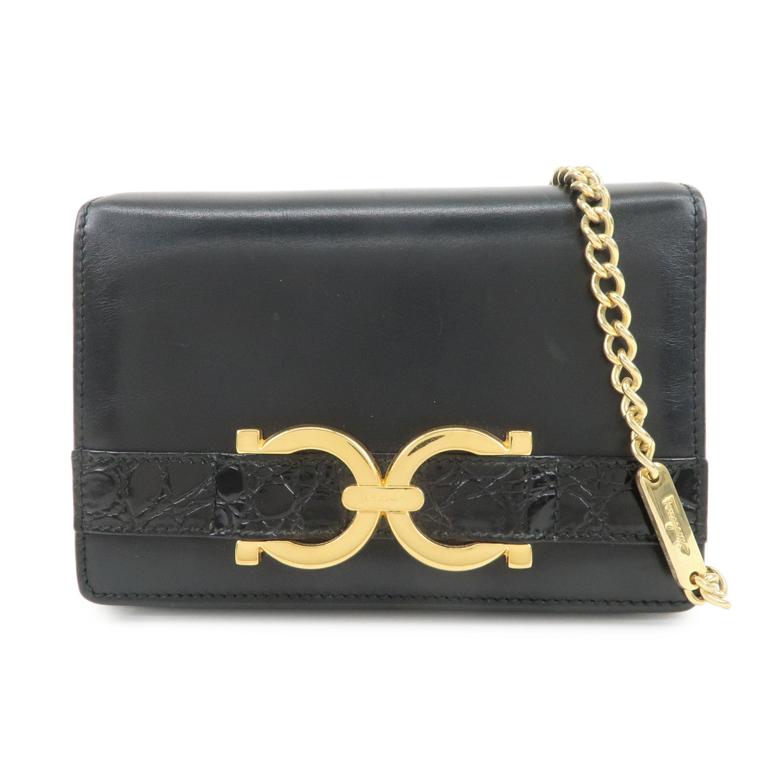 Ferragamo Gancini Embossed Leather Chain Shoulder Bag Black