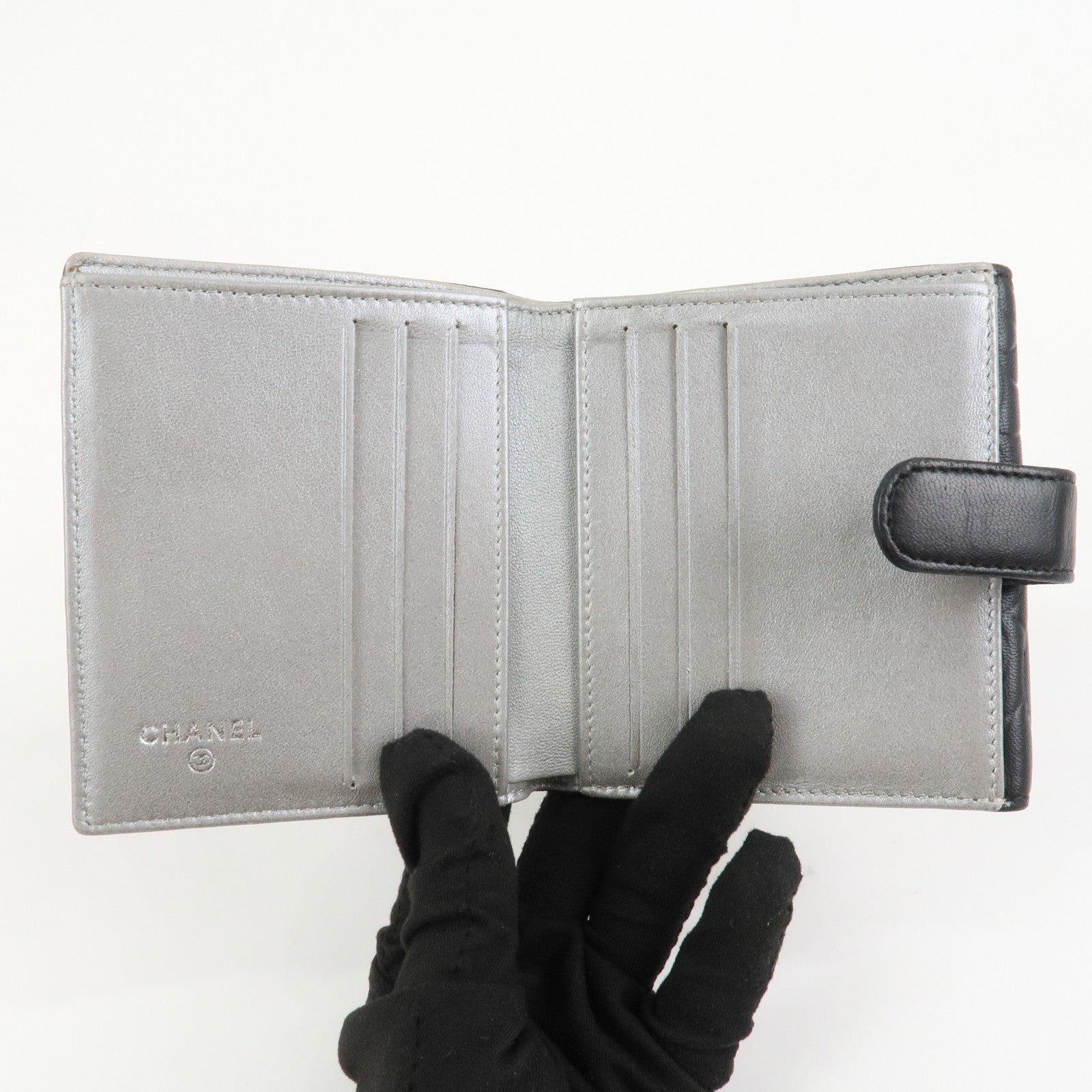 CHANEL Camellia COCO Mark Lamb Skin Compact Wallet Black