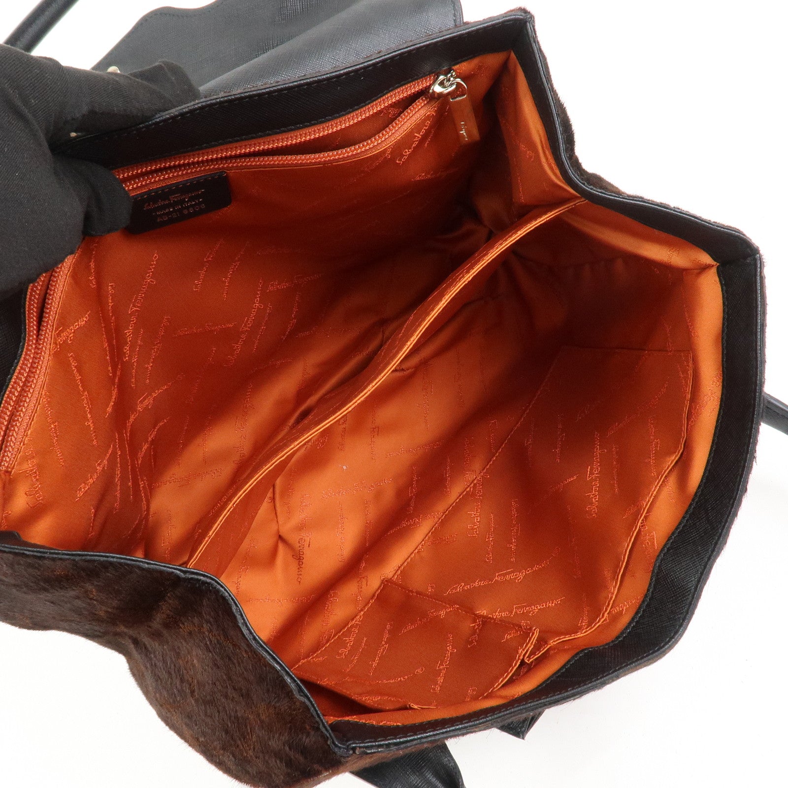 Ferragamo Gancini Logo Unborn Calf Leather Shoulder Bag Brown