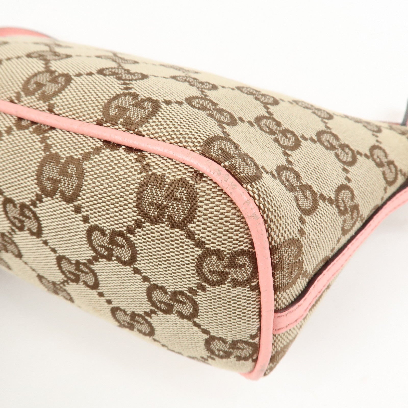 GUCCI Boat Bag GG Monogram Canvas Leather Hand Bag Beige Pink 07198