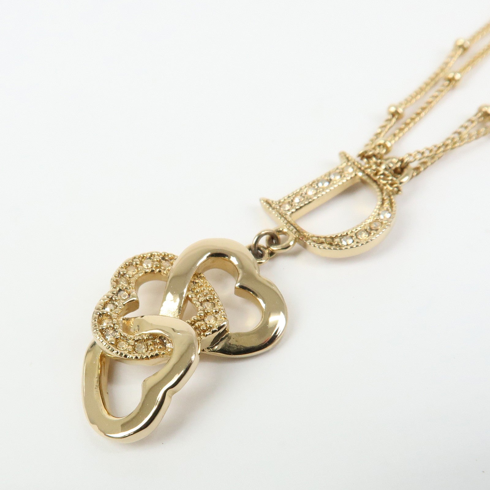 Christian Dior Logo Metal Double Chain Necklace Heart Charm Gold