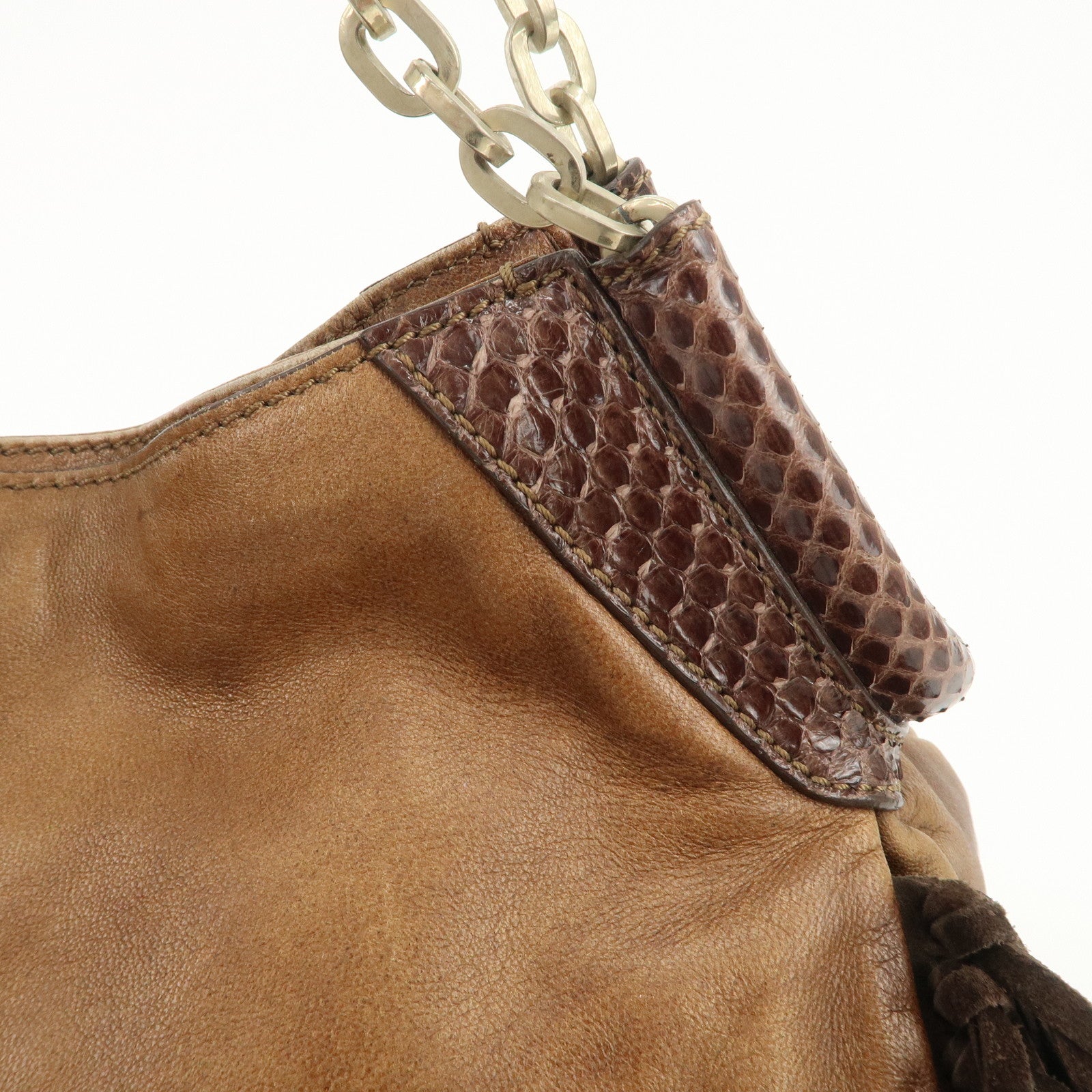 JIMMY CHOO Leather Suede Chain Shoulder Bag Hand Bag Brown