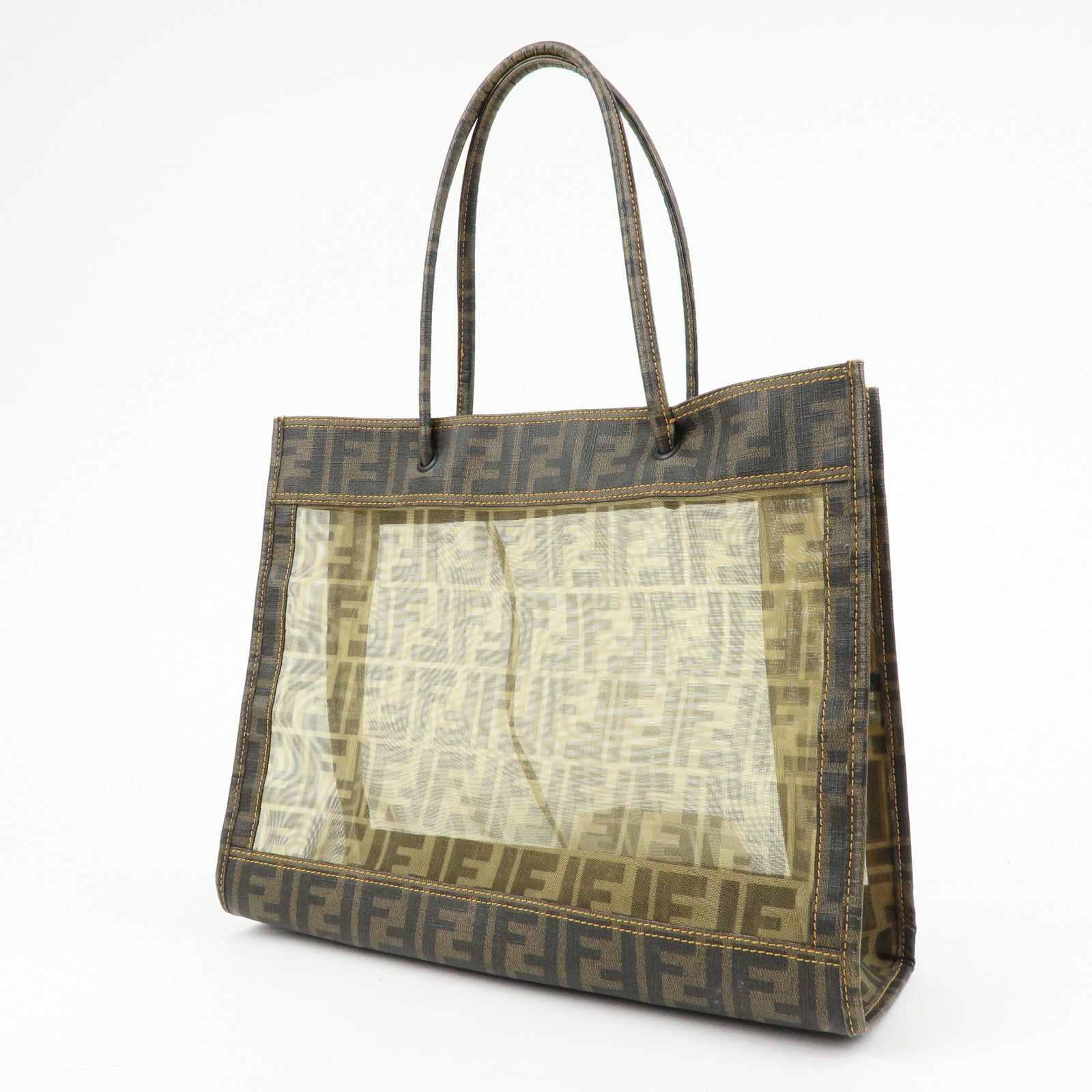 FENDI Zucca Mesh PVC Canvas Tote Bag Shoulder Bag Brown 8BH183
