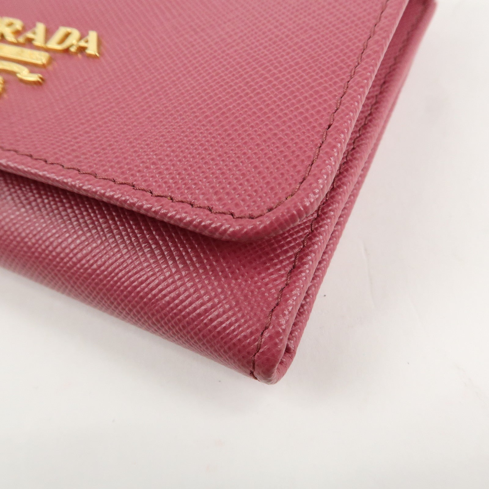 PRADA Logo Saffiano Leather Tri-fold Compact Wallet Pink 1M0176 Used