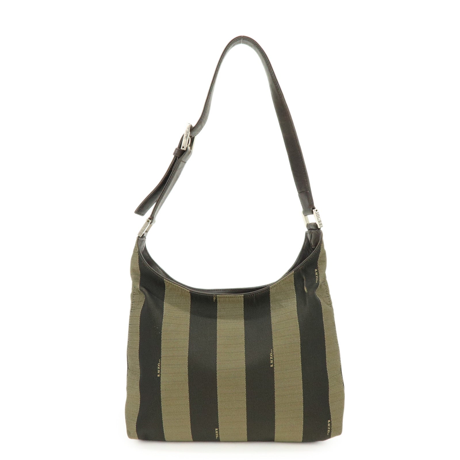FENDI Pequin Canvas Leather Shoulder Hand Bag Khaki Black 26709