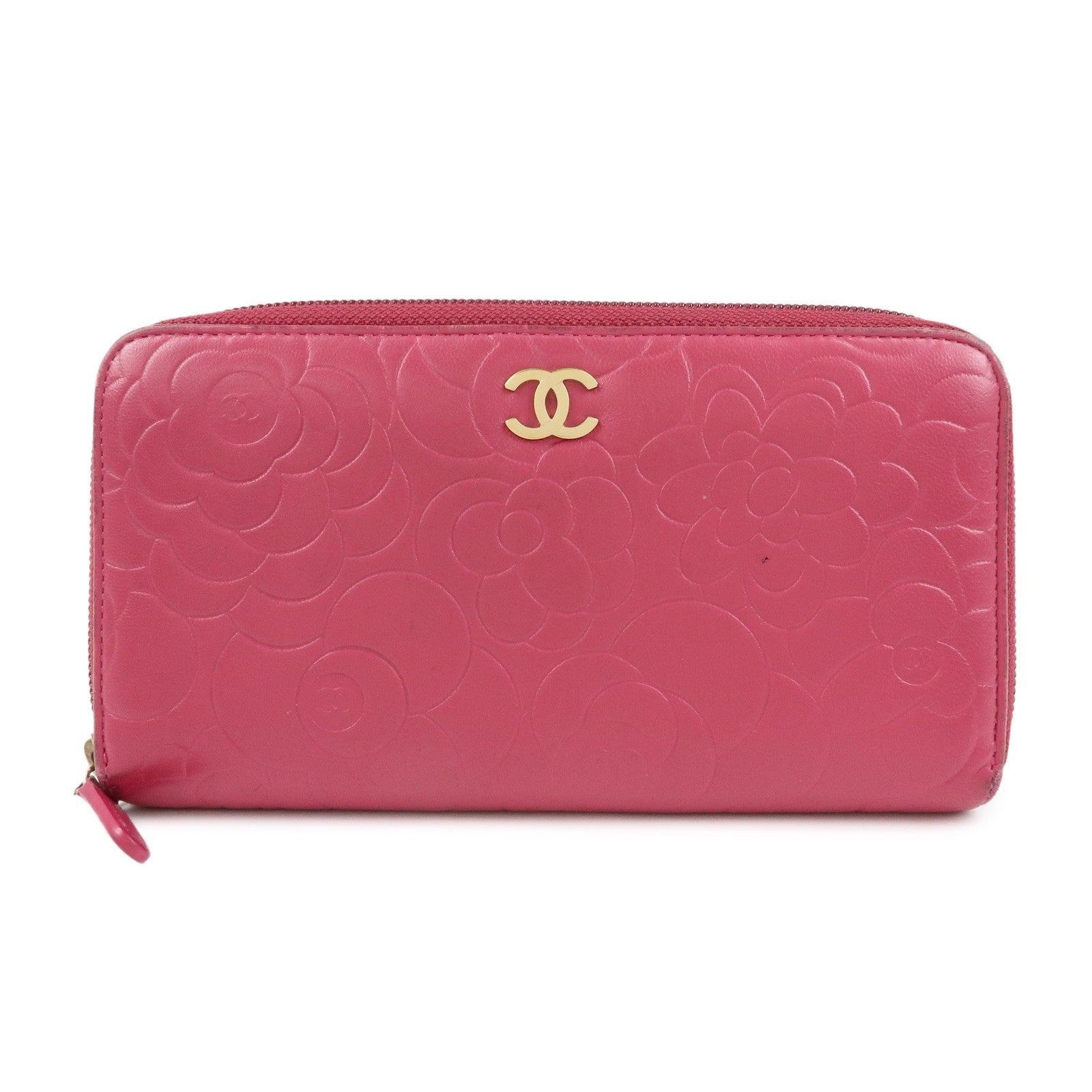 CHANEL Camellia Lamb Skin Round Zippy Wallet Pink A82281