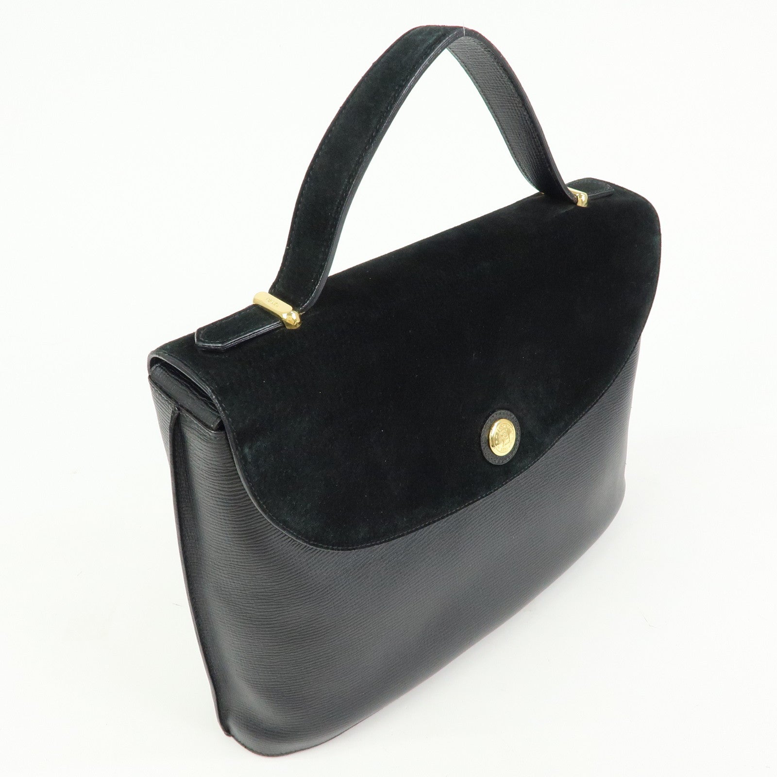 FENDI Top Handle Leather Suede Hand Bag Black 12897