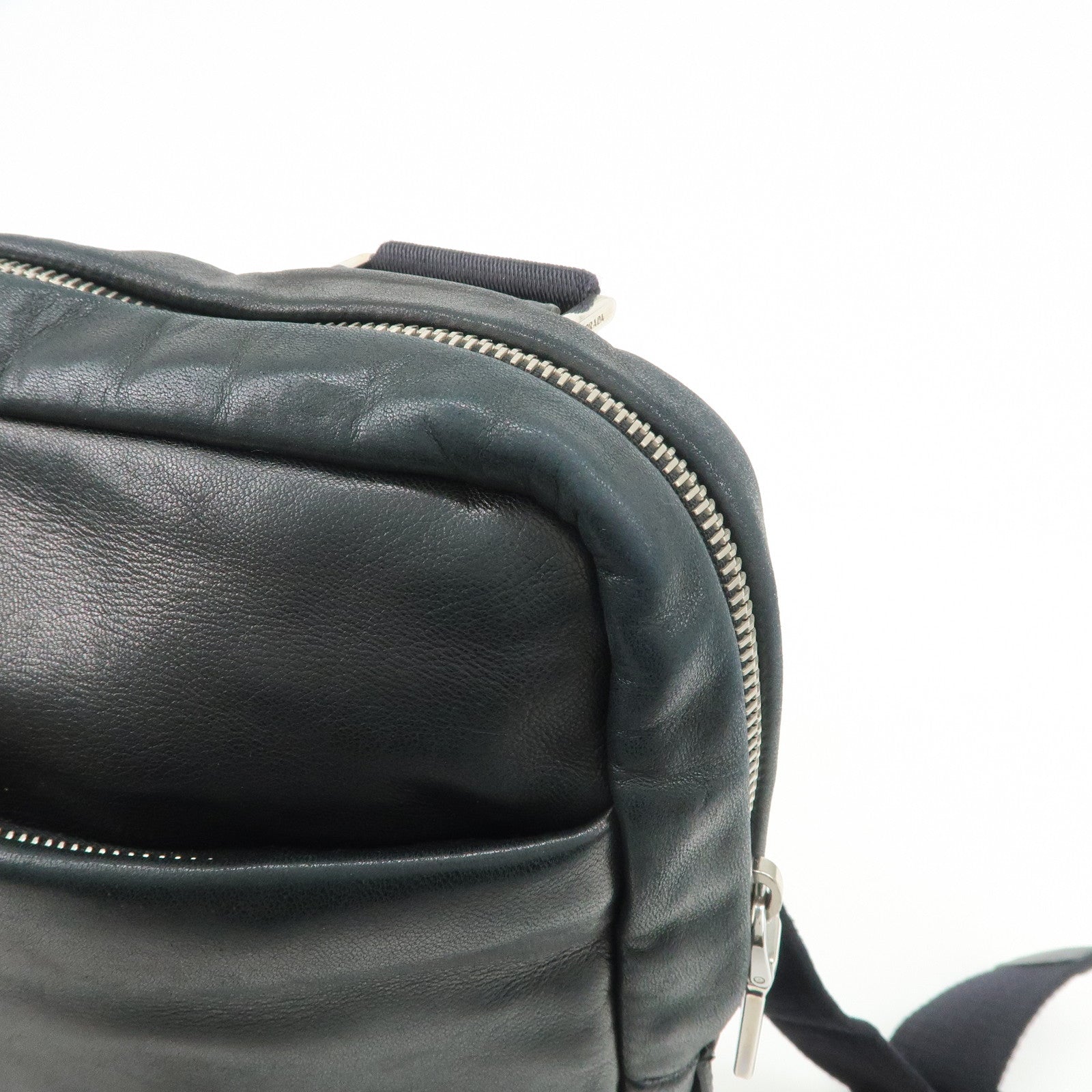 PRADA Triangle Logo Lamb Skin Canvas Shoulder Crossbody Bag Black