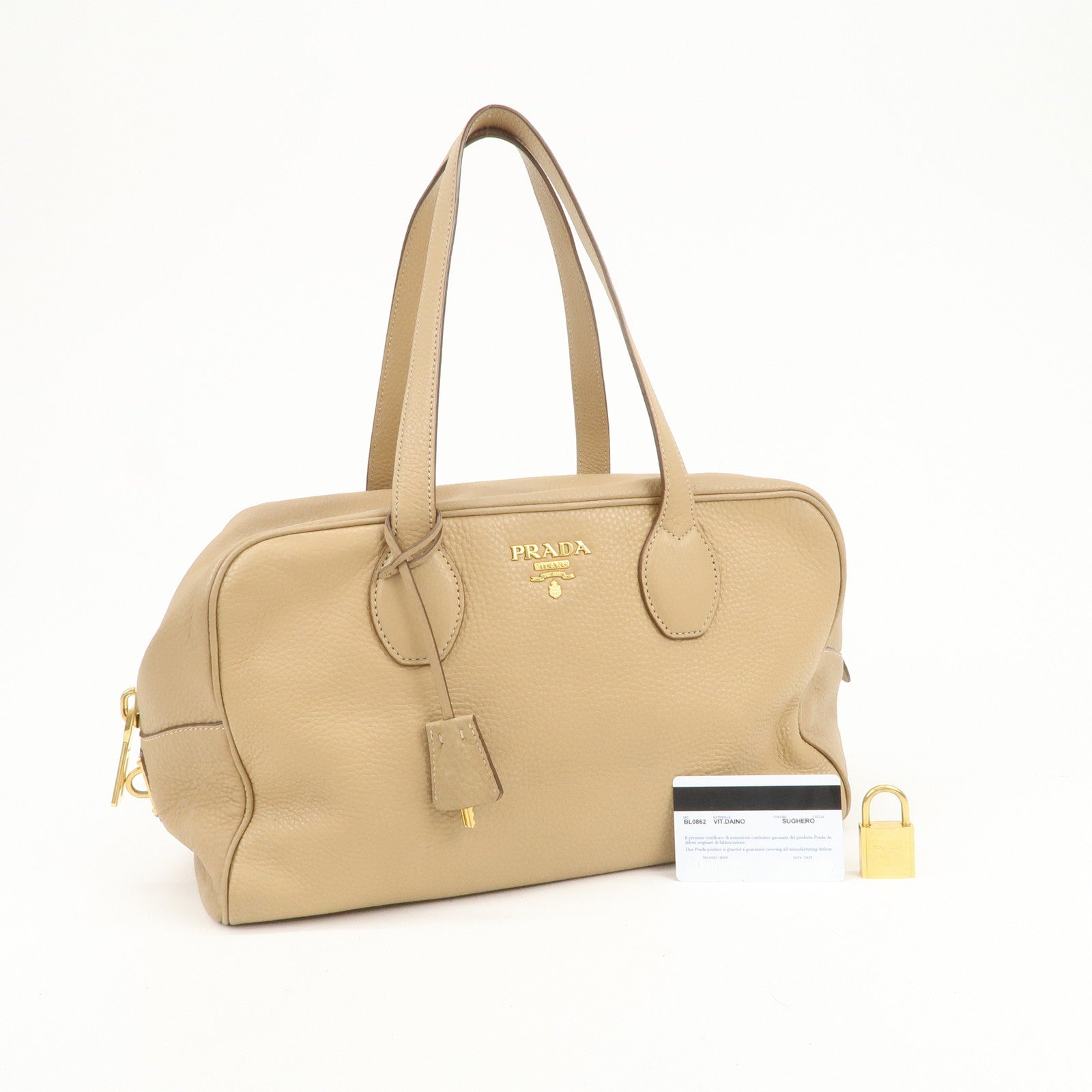 PRADA Leather Boston Bag Hand Bag Beige Gold BL8062