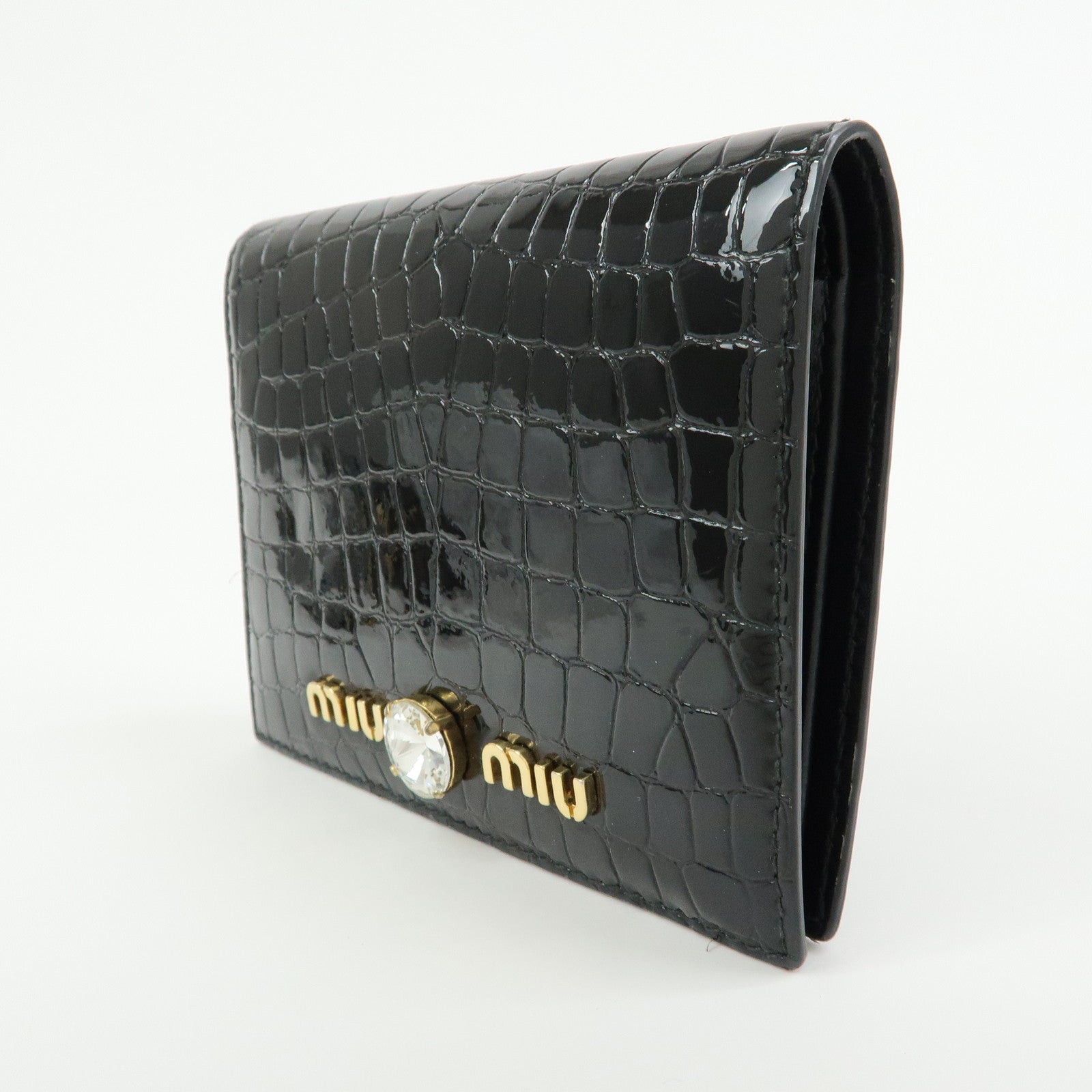 MIU MIU Embossed Patent Leather Bi-fold Compact Wallet Black 5MV204