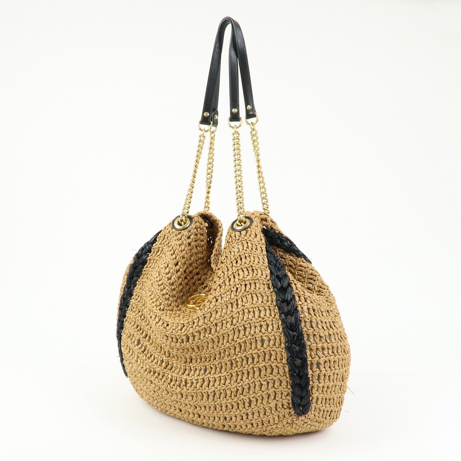 GUCCI GG Straw Leather Tote Bag Shoulder Bag Natural Black 574431