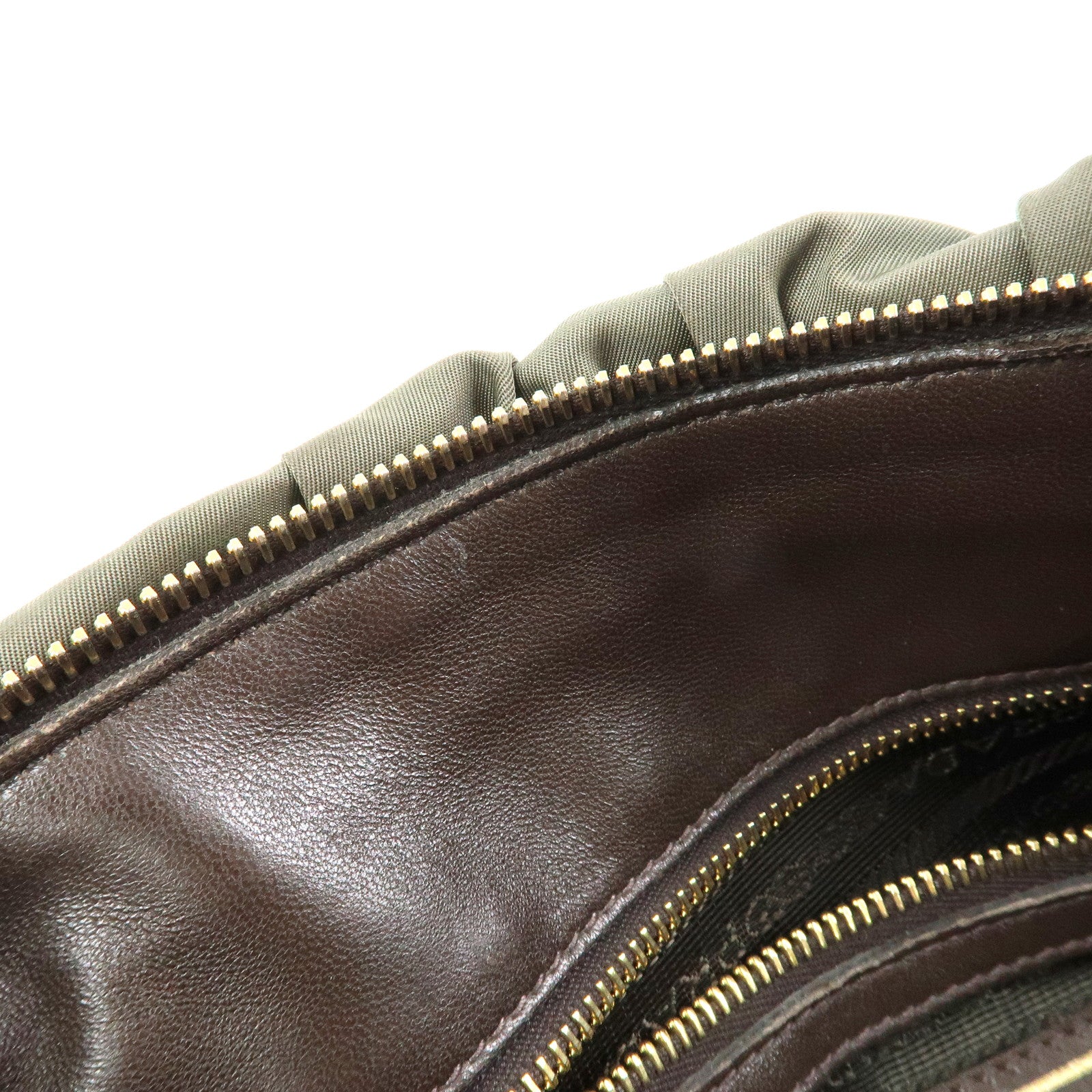 PRADA Nylon Leather Gathered 2Way Bag Hand Bag Khaki BN1407