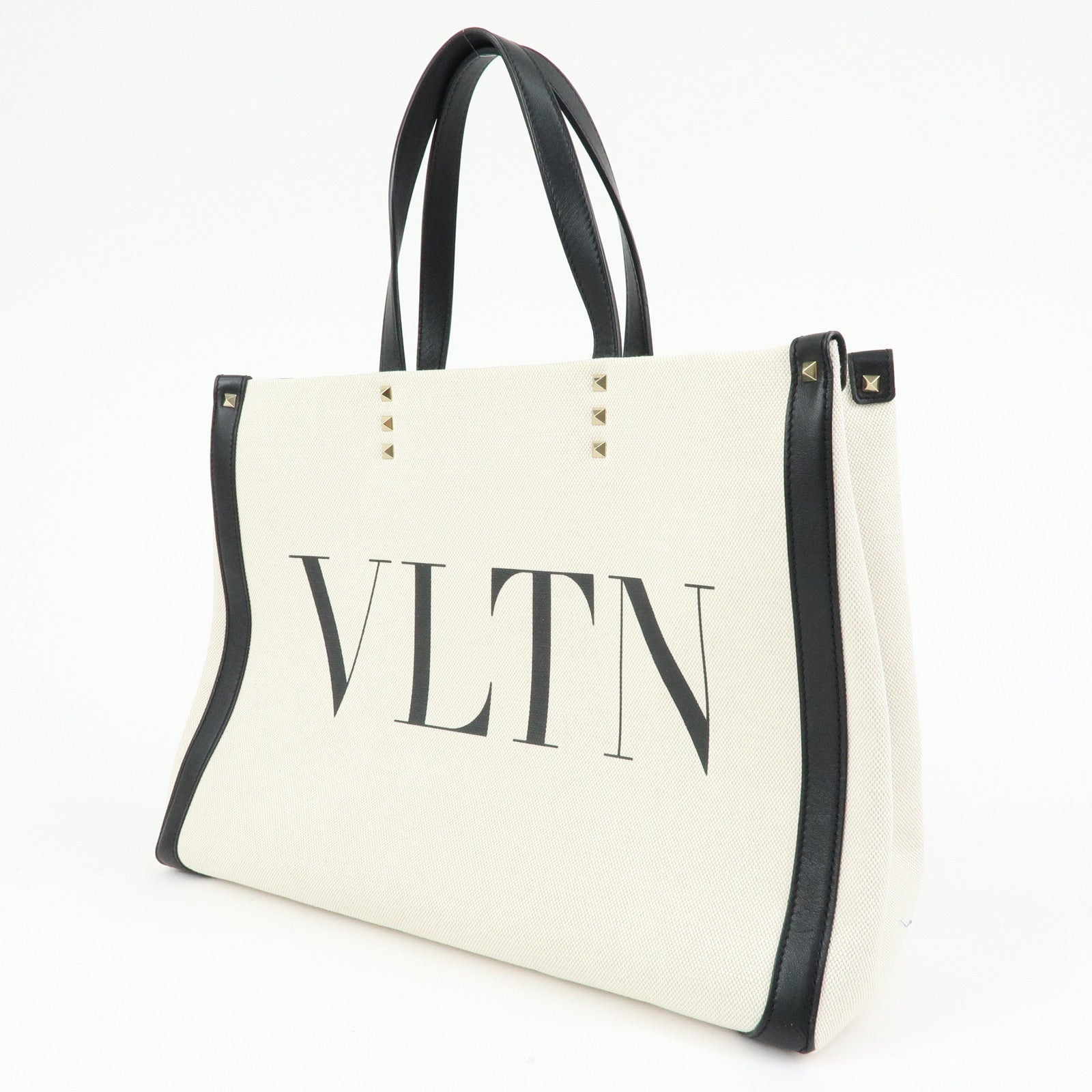 VALENTINO Rockstud Canvas Leather Tote Bag Hand Bag Natural Black