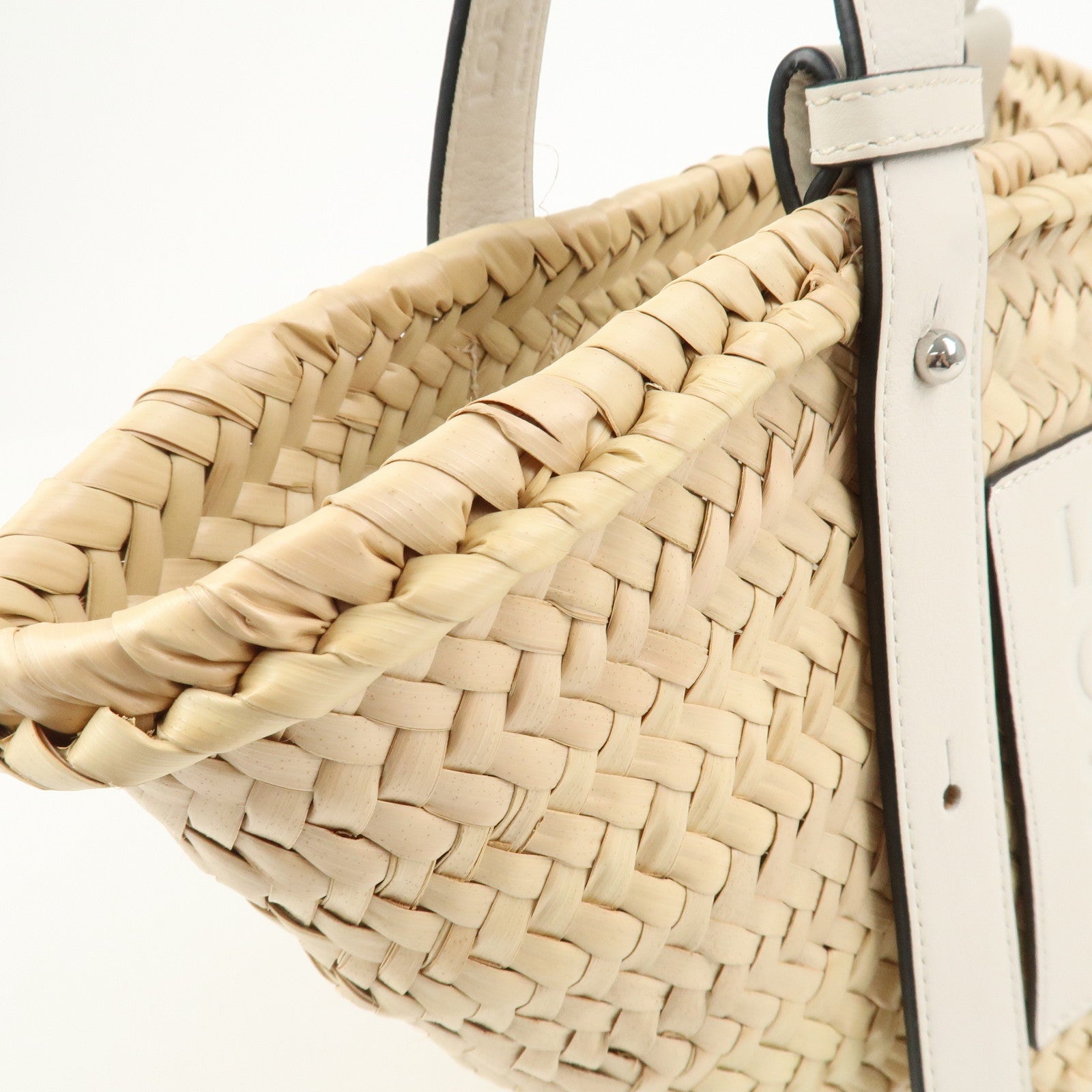 LOEWE Raffia Leather Small Basket Bag Hand Bag Natural White