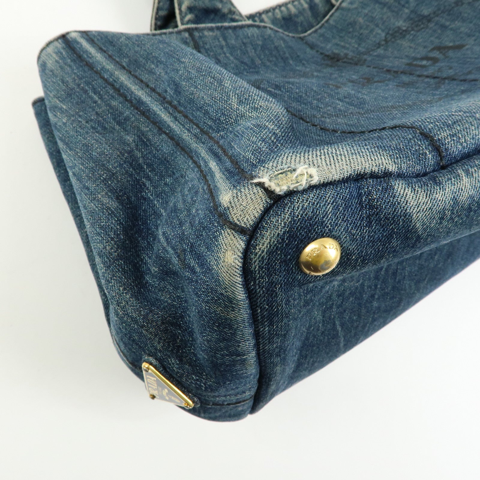PRADA Logo Canapa Canvas Denim Tote Bag Hand Bag Blue B1877B