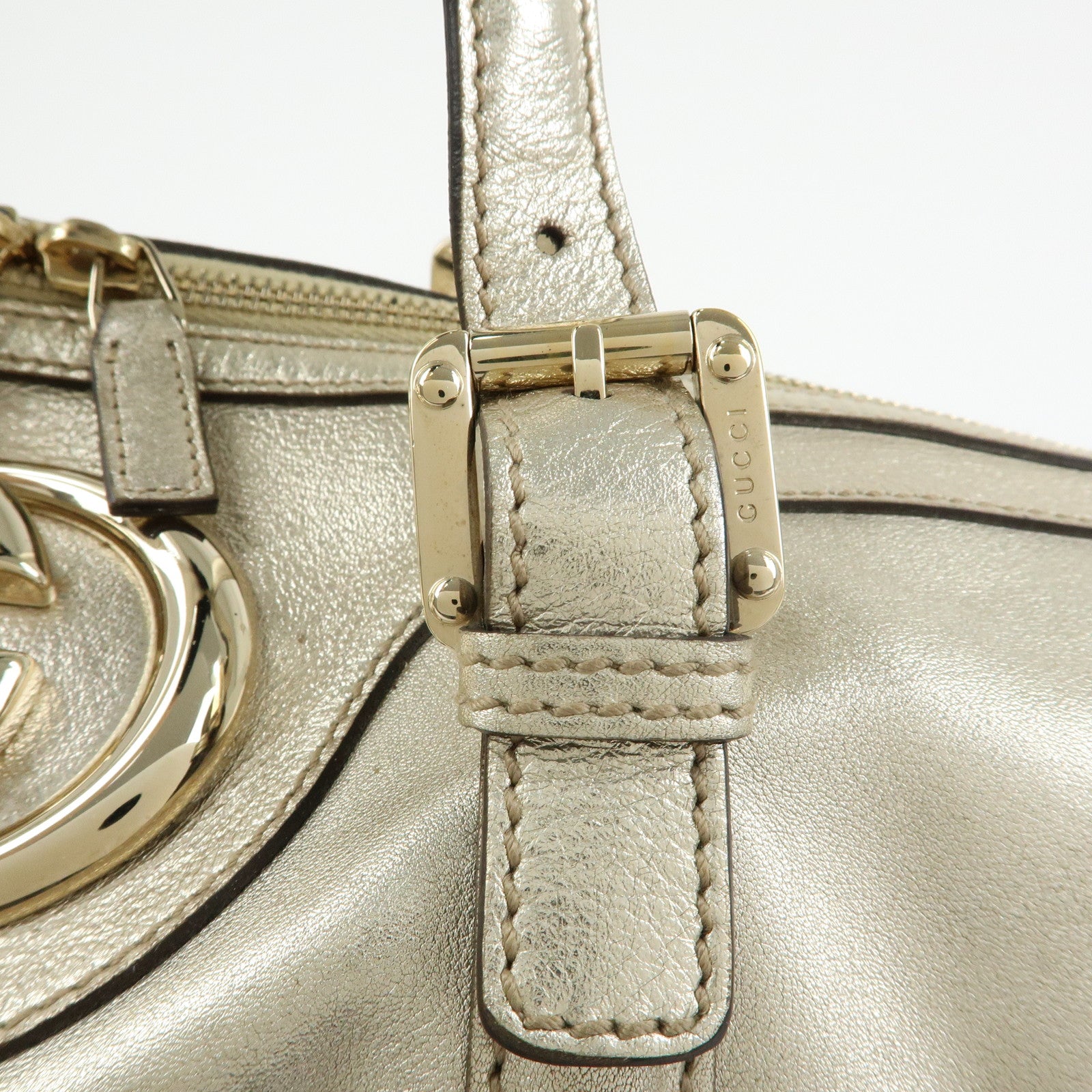 GUCCI Interlocking G Leather Boston Bag Hand Bag Gold 170010