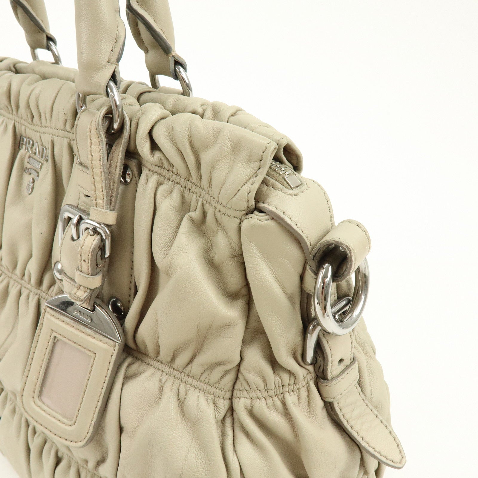 PRADA Leather 2Way Bag Hand Bag Shoulder Bag Beige