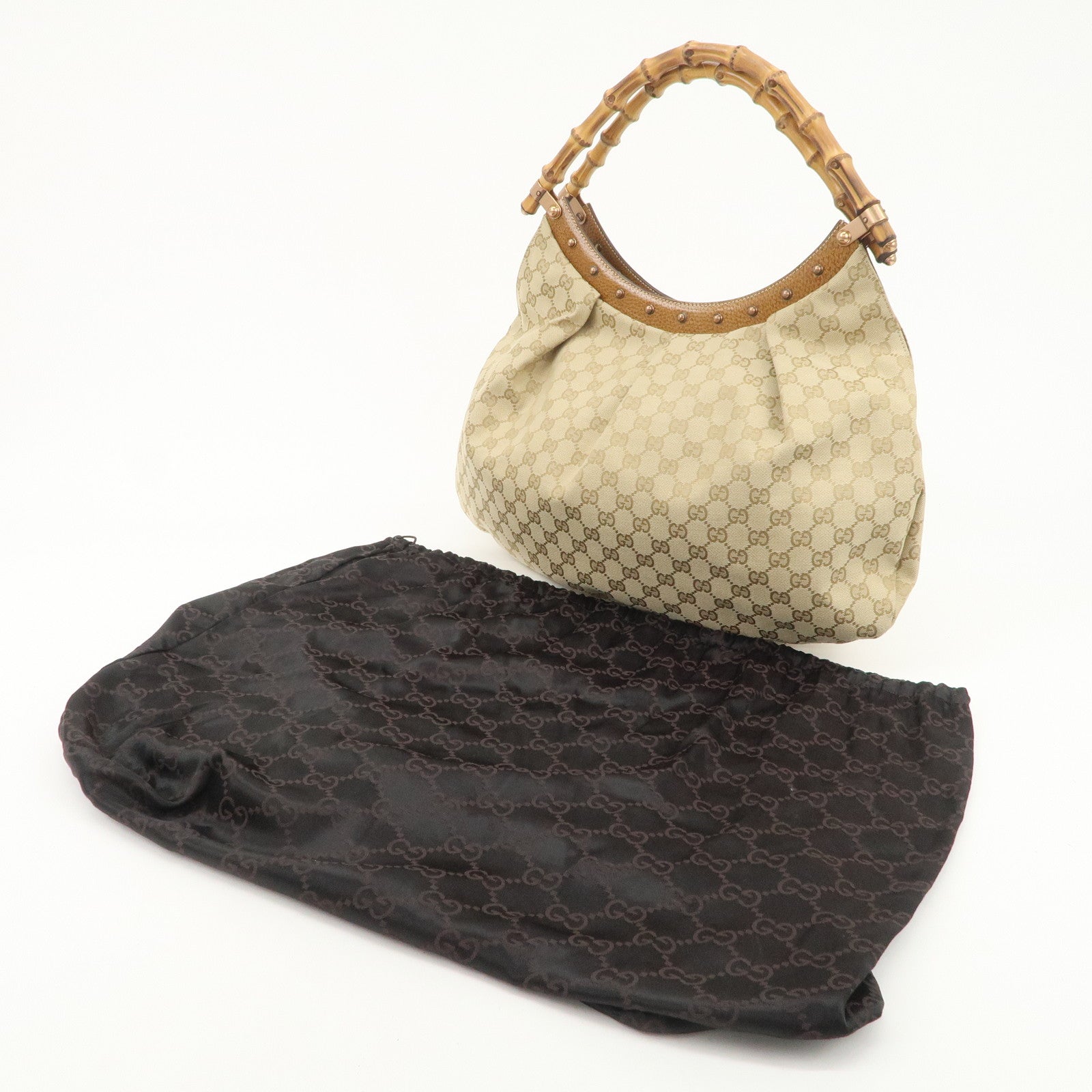 GUCCI Bamboo GG Canvas Shoulder Bag Hand Bag Beige 124293