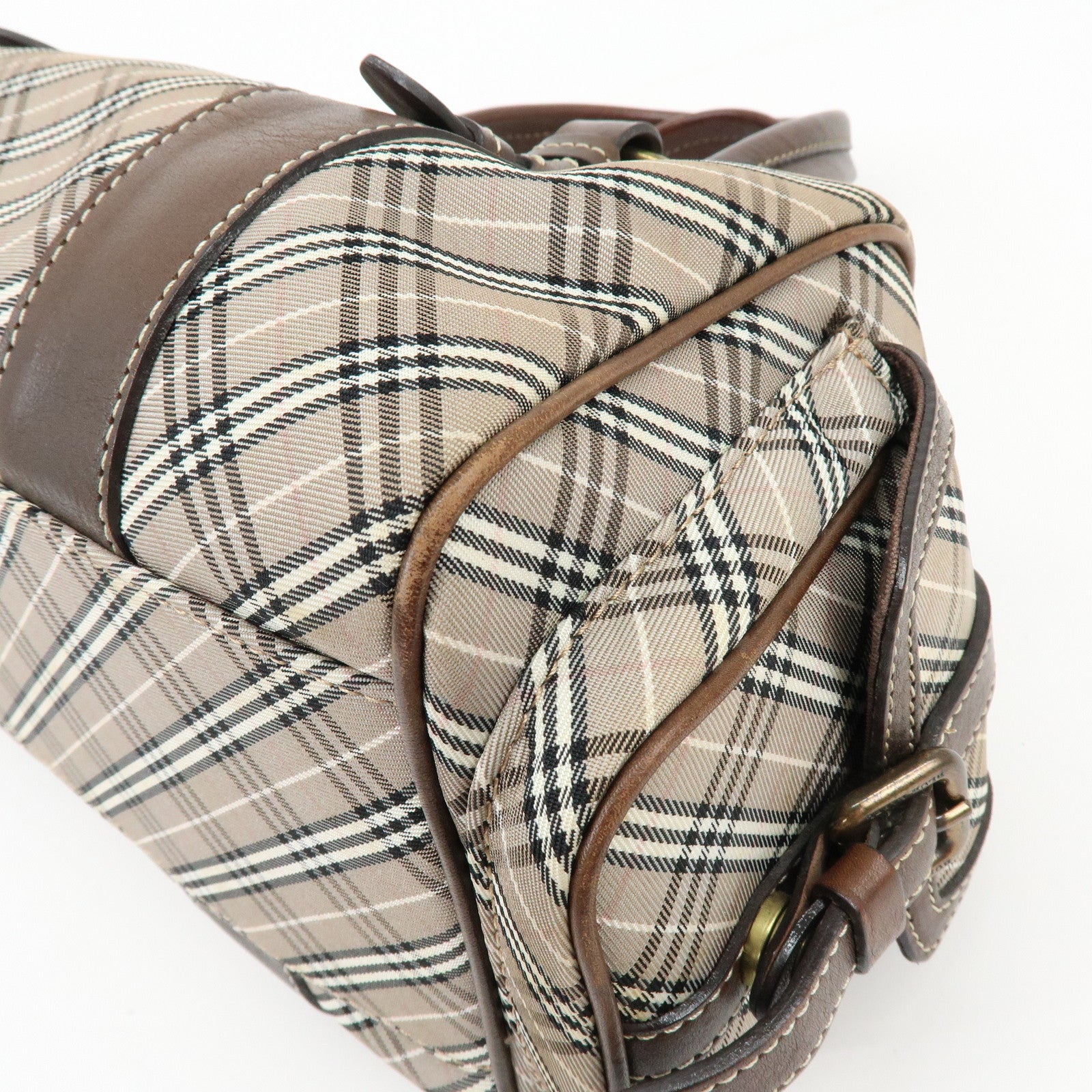 BURBERRY Blue Label Canvas Leather Plaid Hand Bag Boston Bag Brown