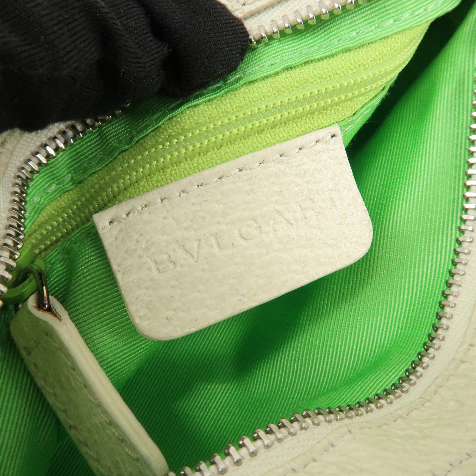 BVLGARI Logo Mania Leather Canvas Shoulder Bag Ivory Light Blue Used