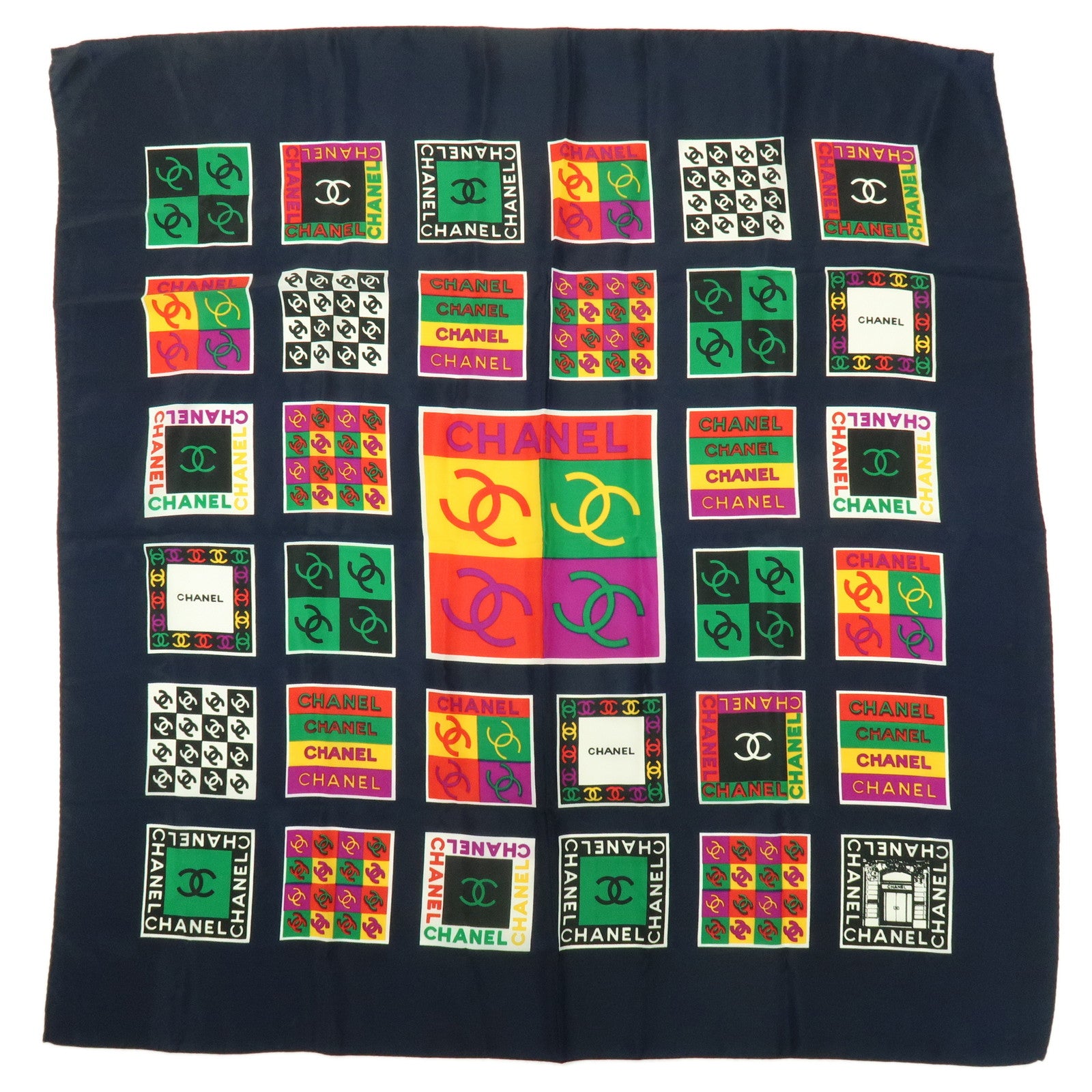 CHANEL COCO Mark Silk 100% Scarf Logo Print Black Multicolor