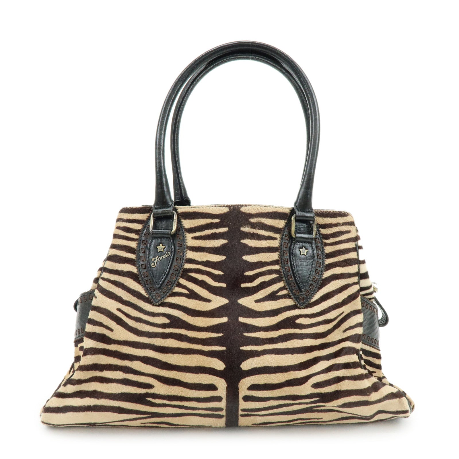 FENDI Etnico Calf Hair Leather Tote Bag Shoulder Bag Brown 8BN162