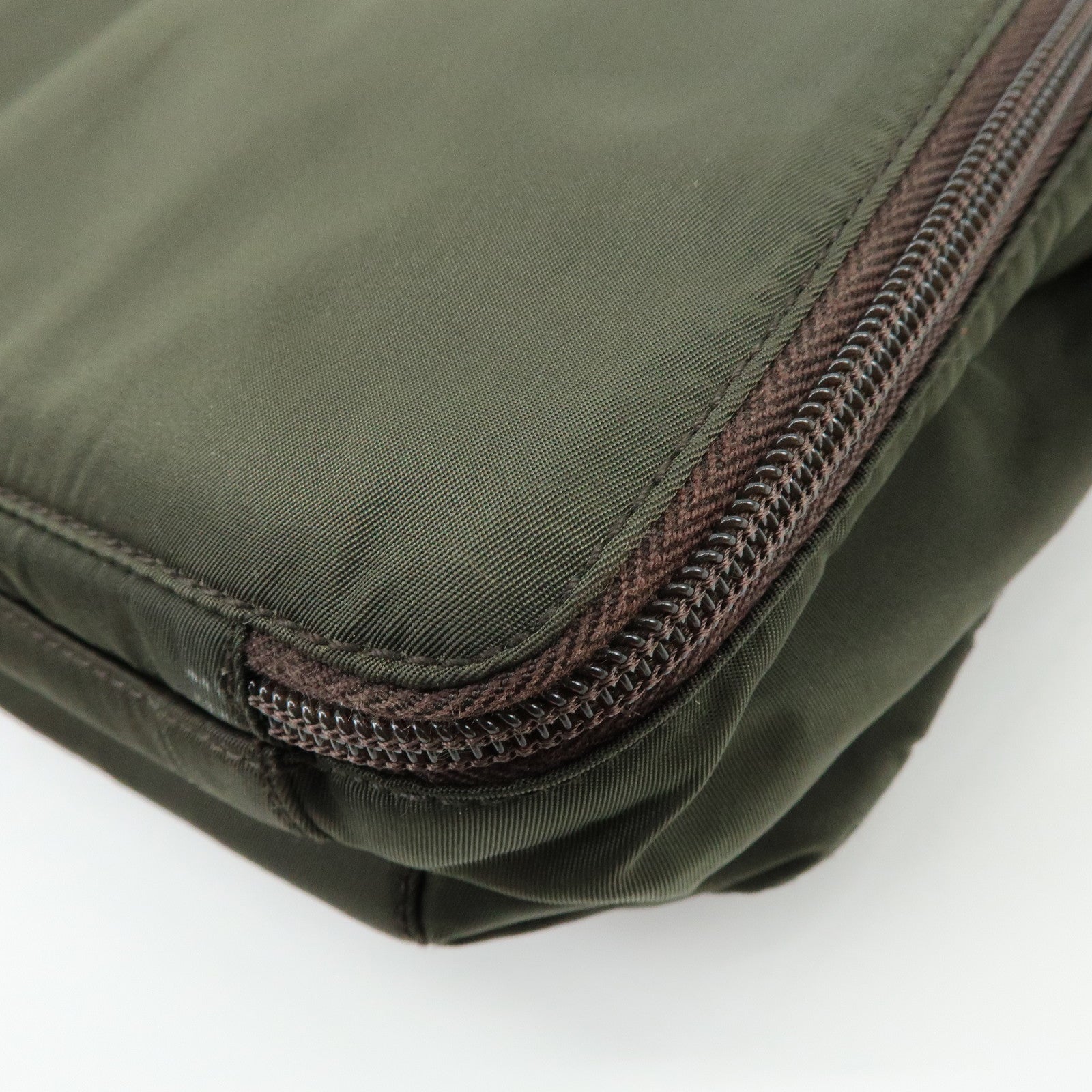 PRADA Triangle Logo Nylon Leather Hand Bag Cosmetic Case Khaki