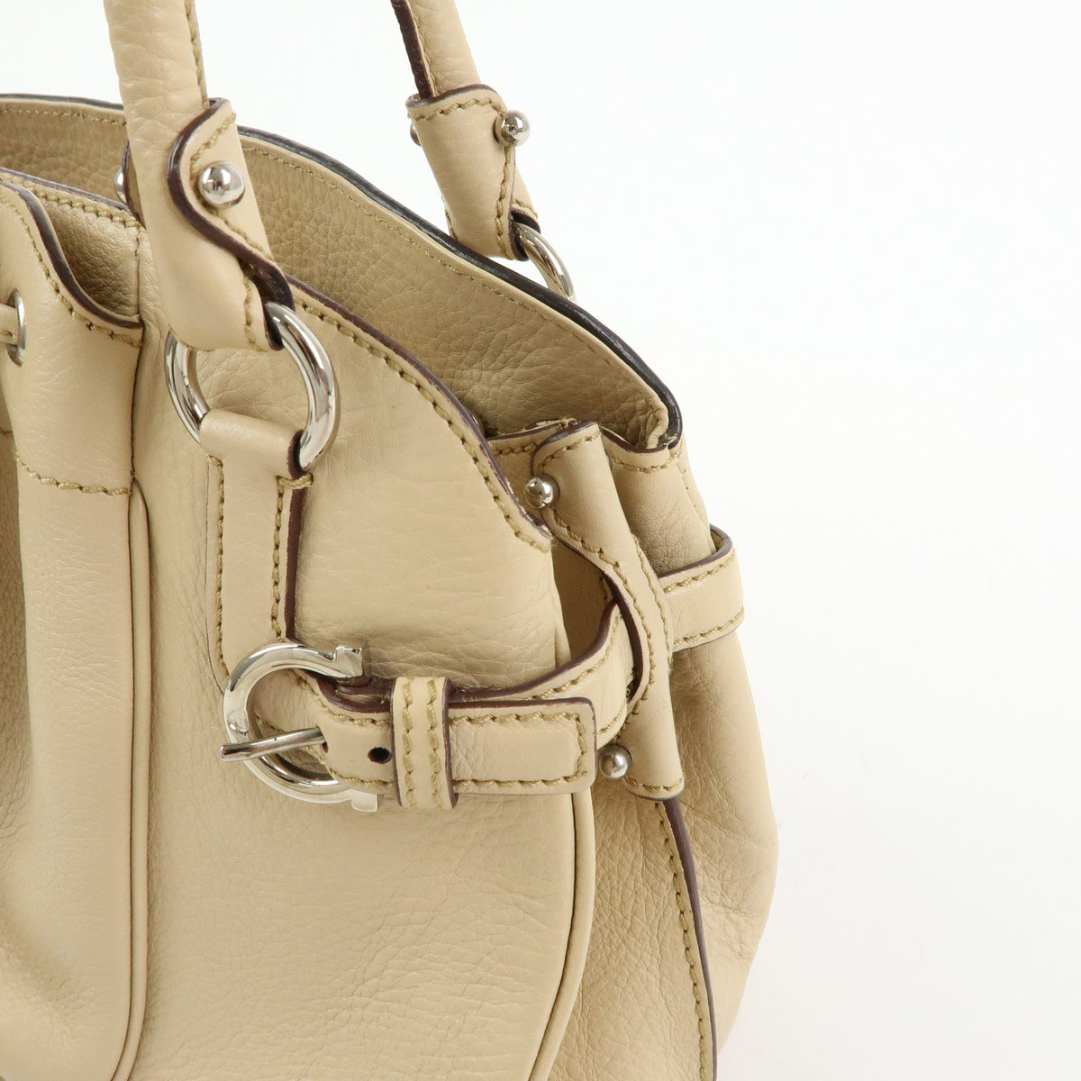 Ferragamo Gancini Leather Drawstring Shoulder Bag Hand Bag Beige