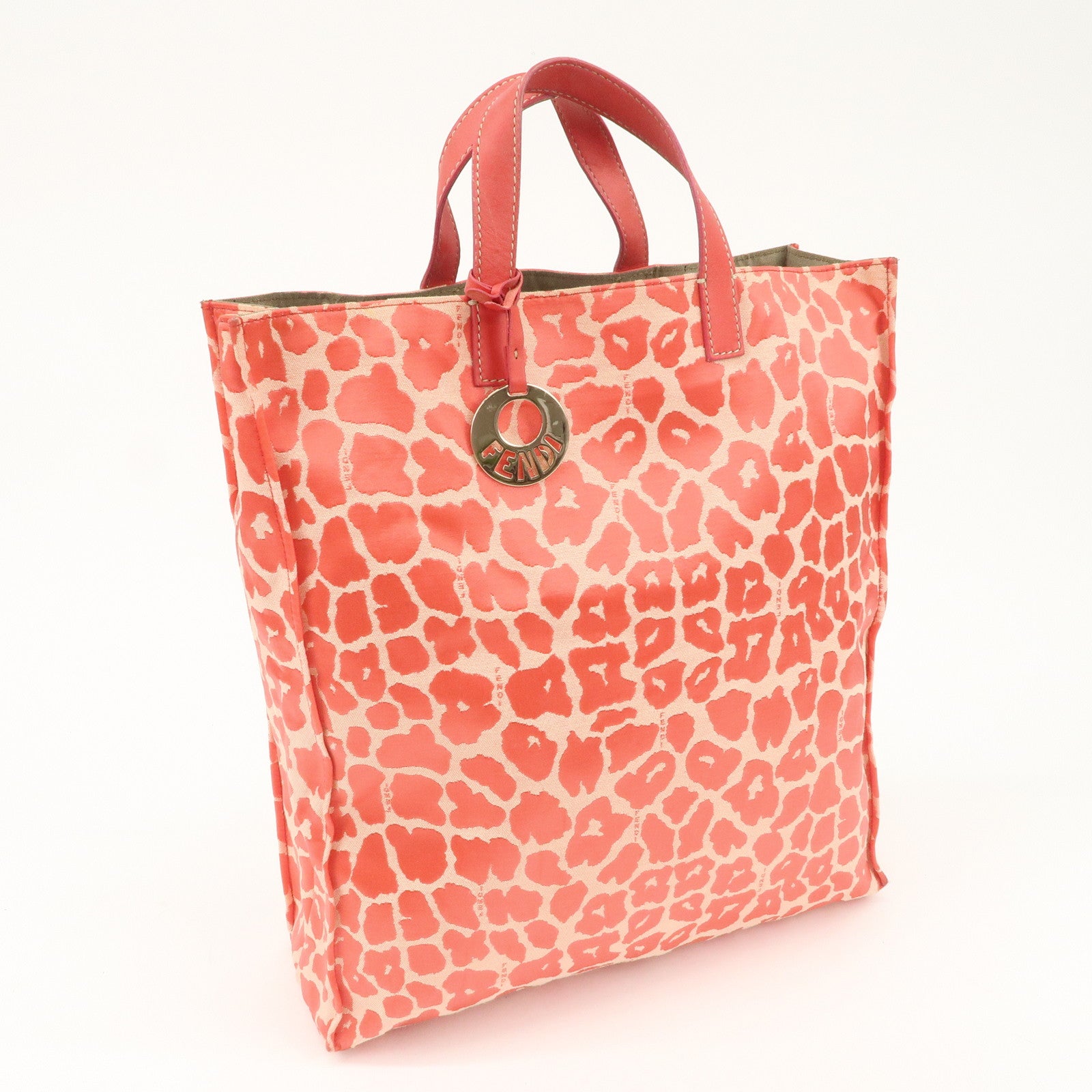 FENDI Canvas Leather Leopard Tote Bag Hand Bag Pink 8BH173