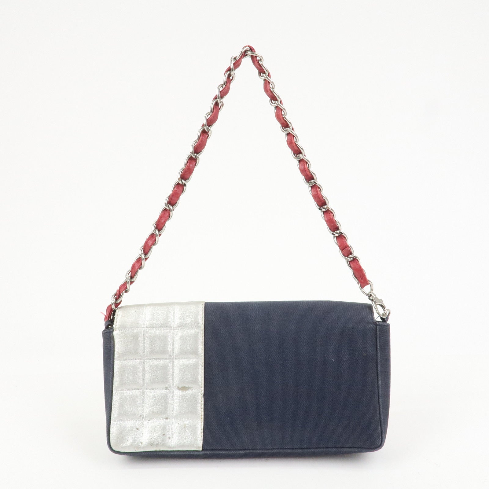 CHANEL No.5 Canvas Leather Chain Shoulder Bag Hand Bag Navy Silver