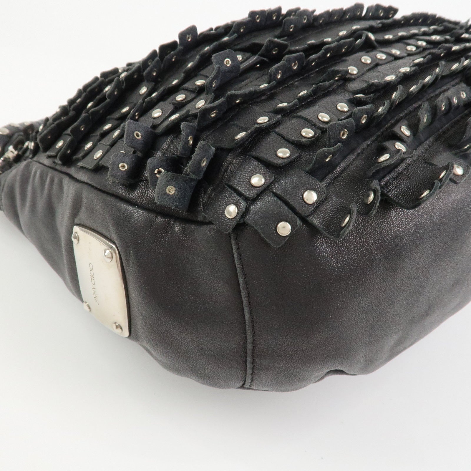 JIMMY CHOO Leather Studs Sky Bag Shoulder Bag Hand Bag Black Silver