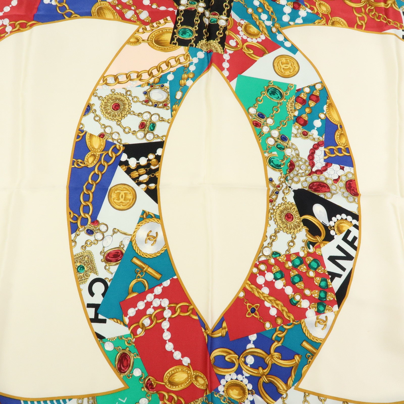 CHANEL COCO Mark Silk 100% Scarf Jewelry Motif Ivory Green