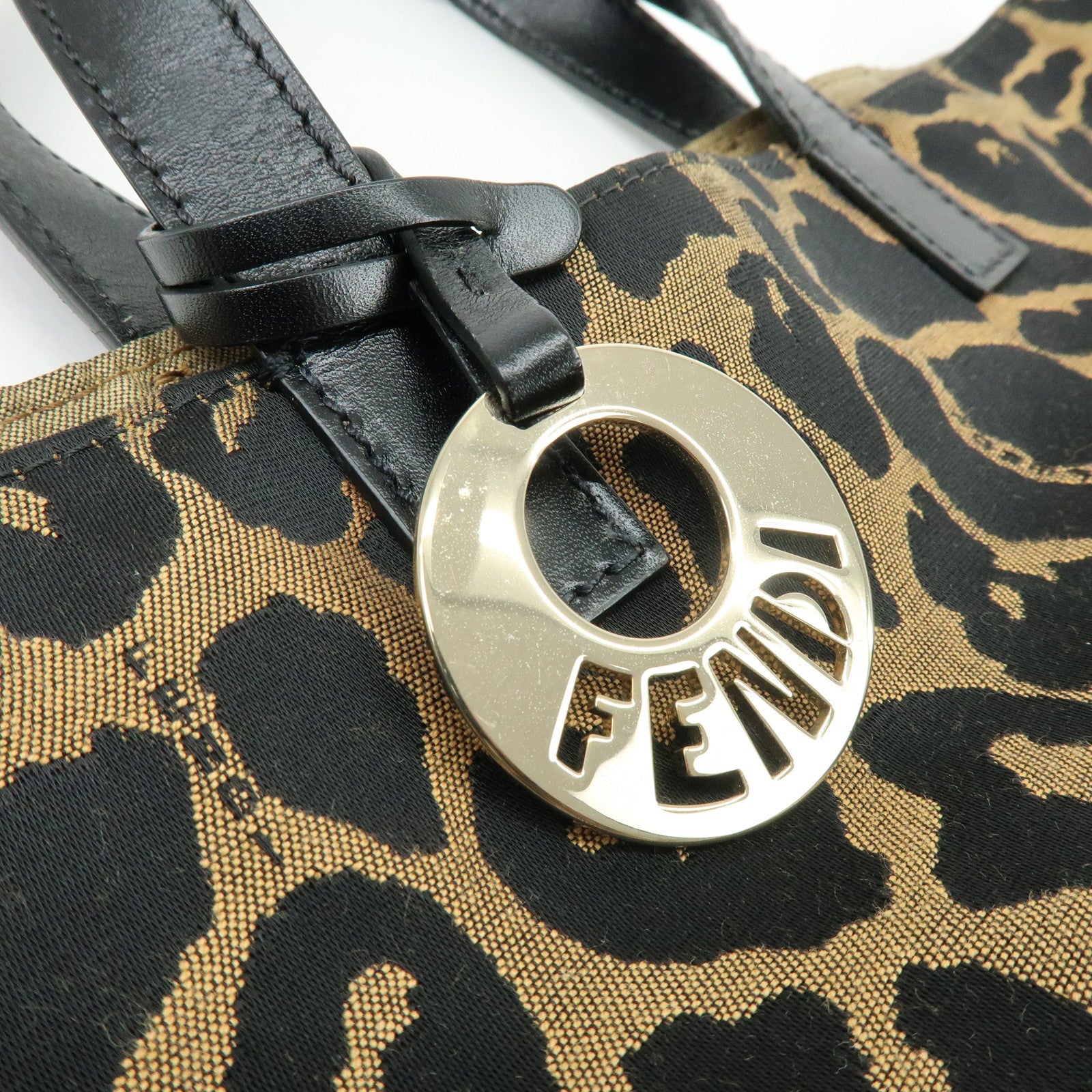 FENDI Canvas Leather Tote Bag Hand Bag Leopard Brown Black 8BH173