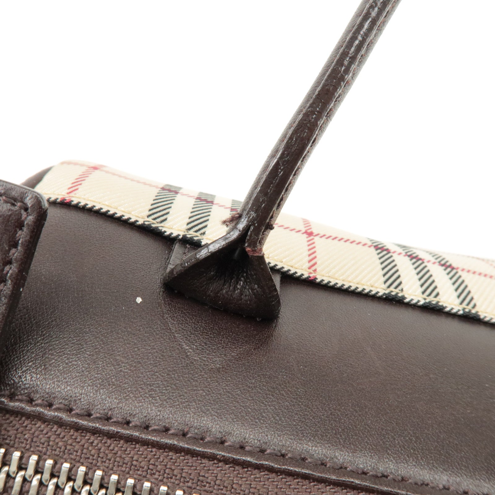 BURBERRY Leather Canvas Hand Bag Nova Plaid Beige Brown Used