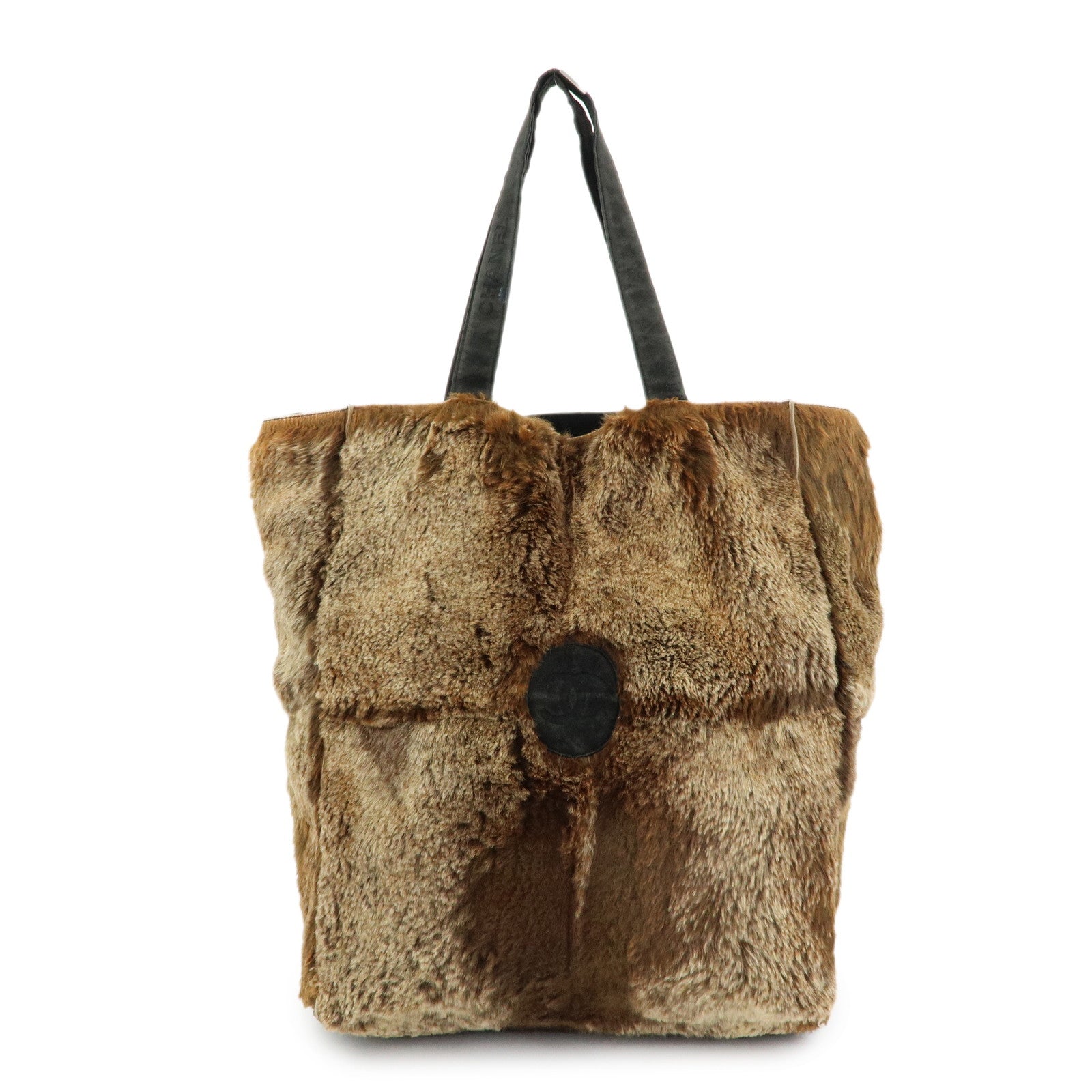 CHANEL COCO Mark Logo Fur Suede Tote Bag Hand Bag Brown