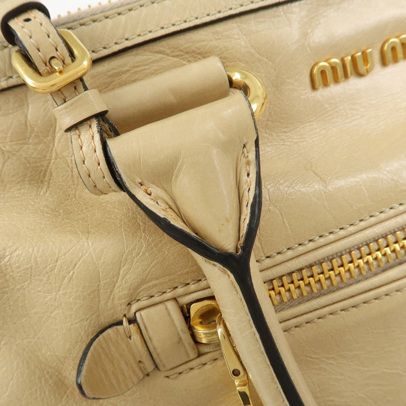 MIU MIU Logo Leather 2Way Bag Hand Bag Shoulder Bag Beige