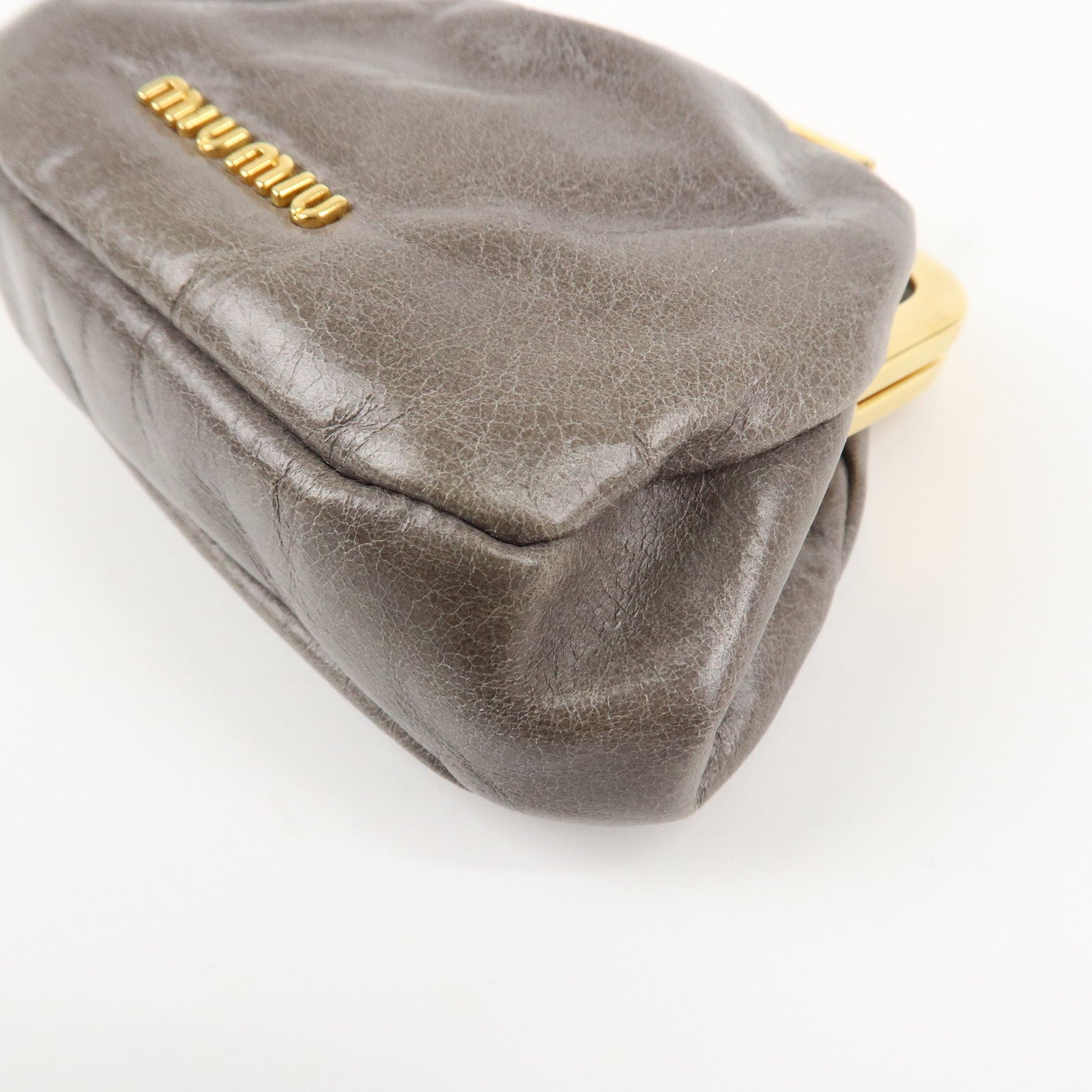 MIU MIU Logo Leather Kiss Lock Coin Case Gray Gold HDW Used