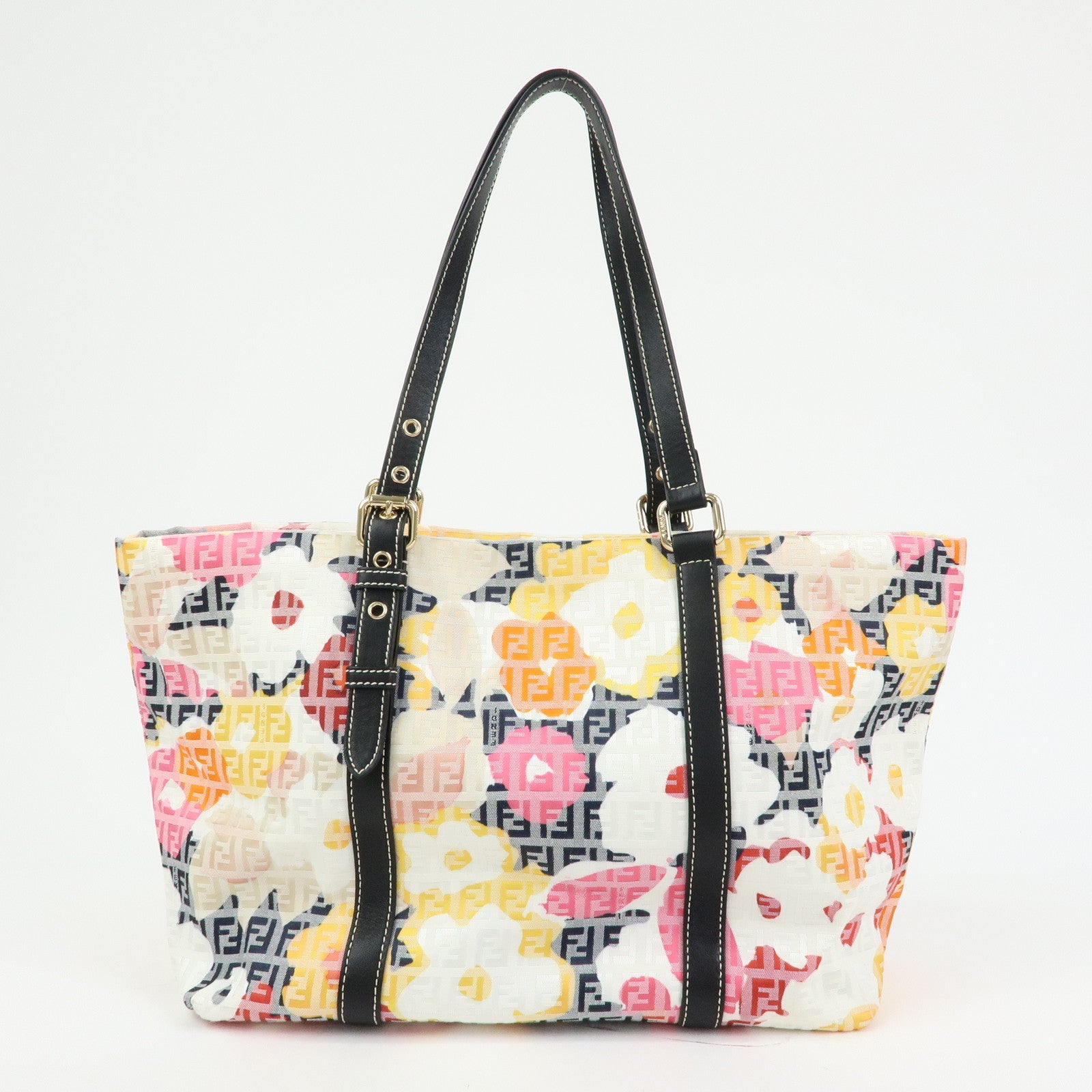 FENDI Zucchino Canvas Leather Flower Tote Bag Shoulder Bag 8BH215
