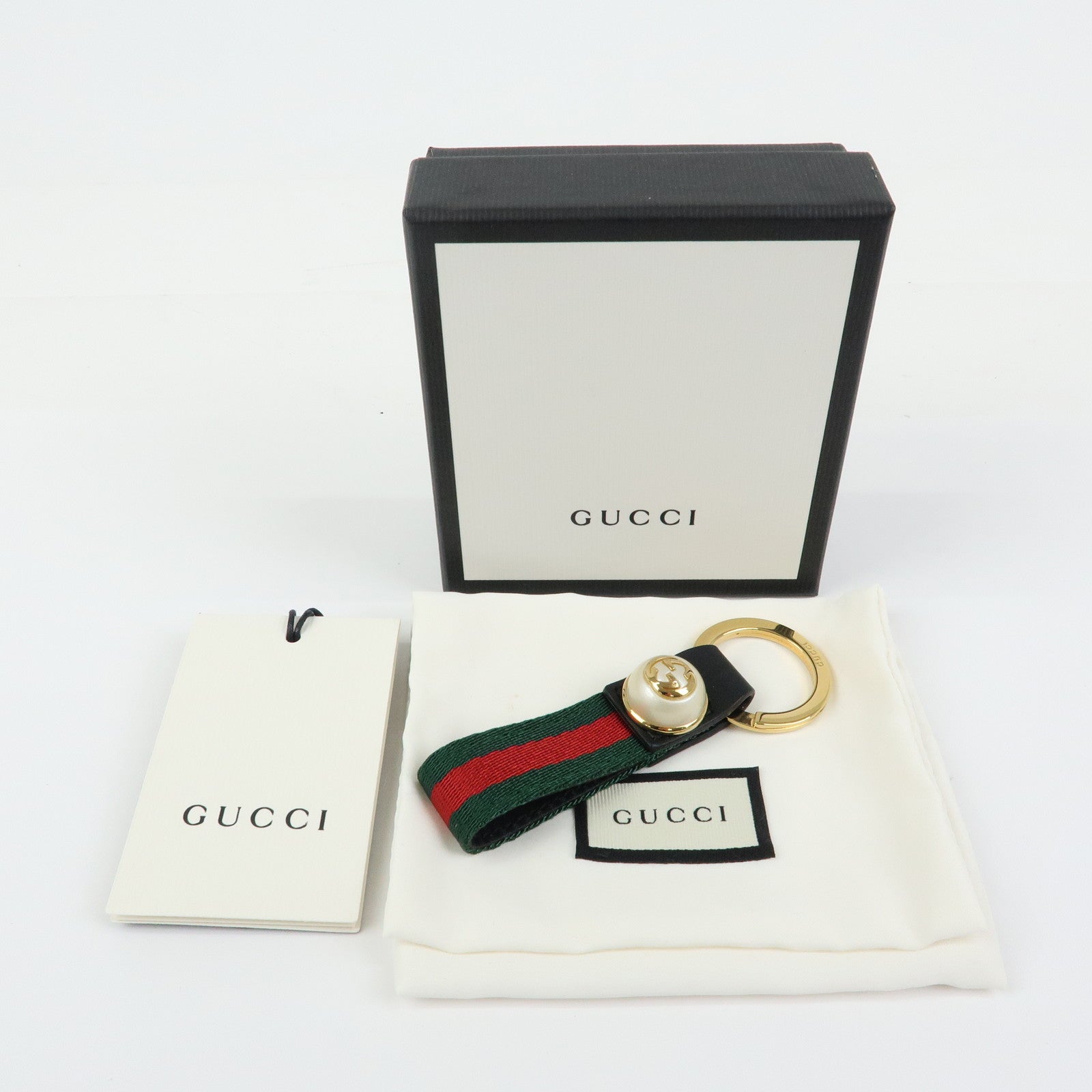 GUCCI Sherry Canvas Leather Bag Charm Key Holder Black 476390