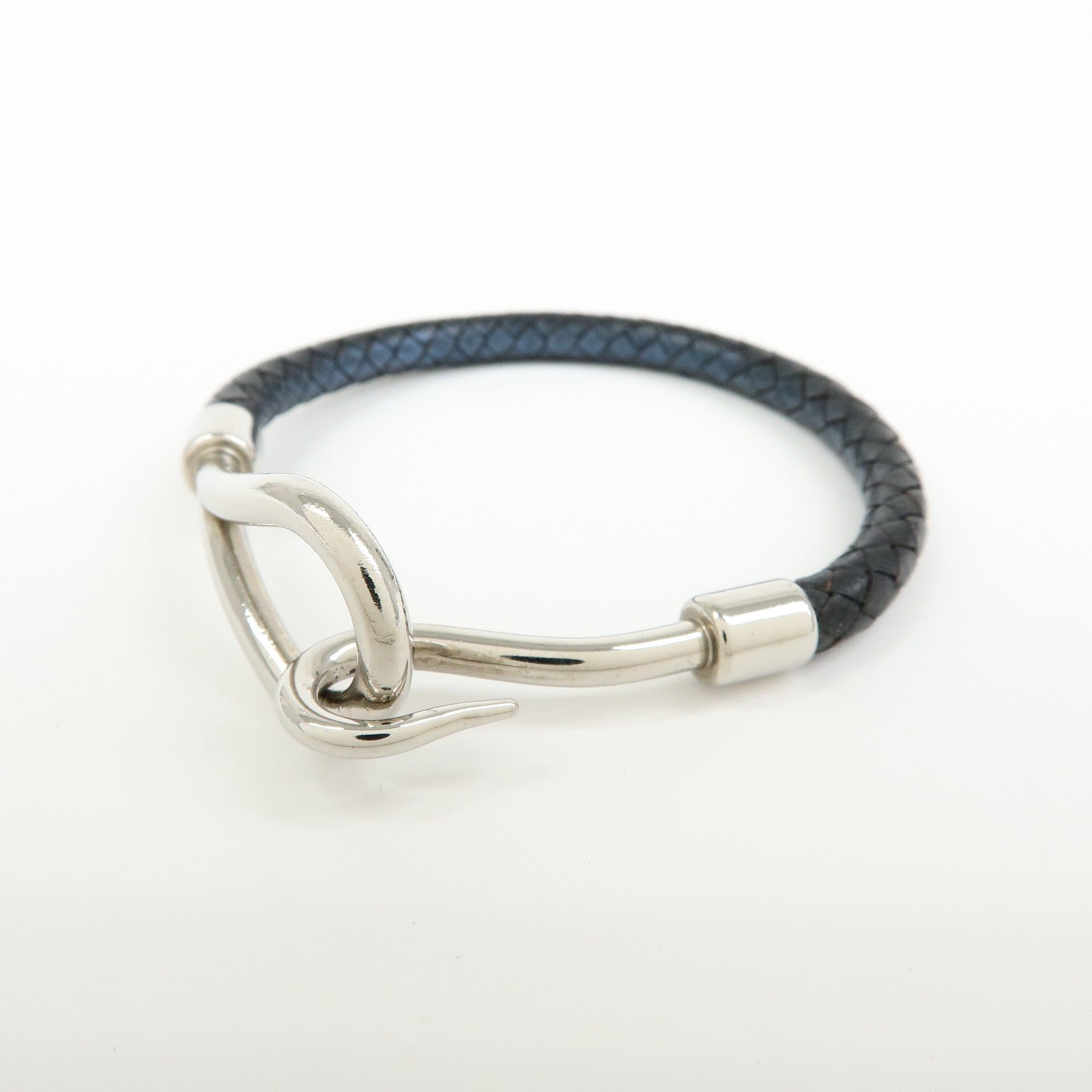 HERMES Leather Metal Jumbo Choker Bracelet Black Silver