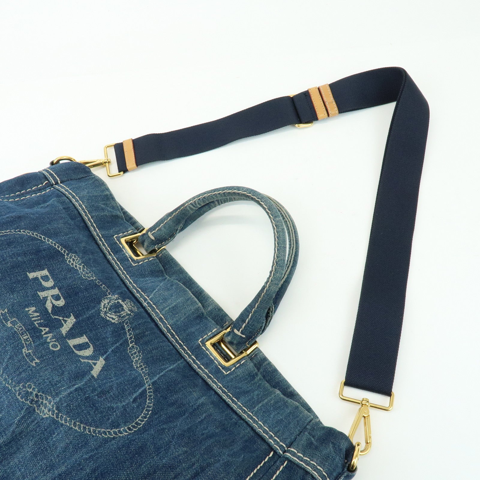 PRADA Triangle Logo Denim 2Way Bag Hand Shoulder Bag Blue BN2069