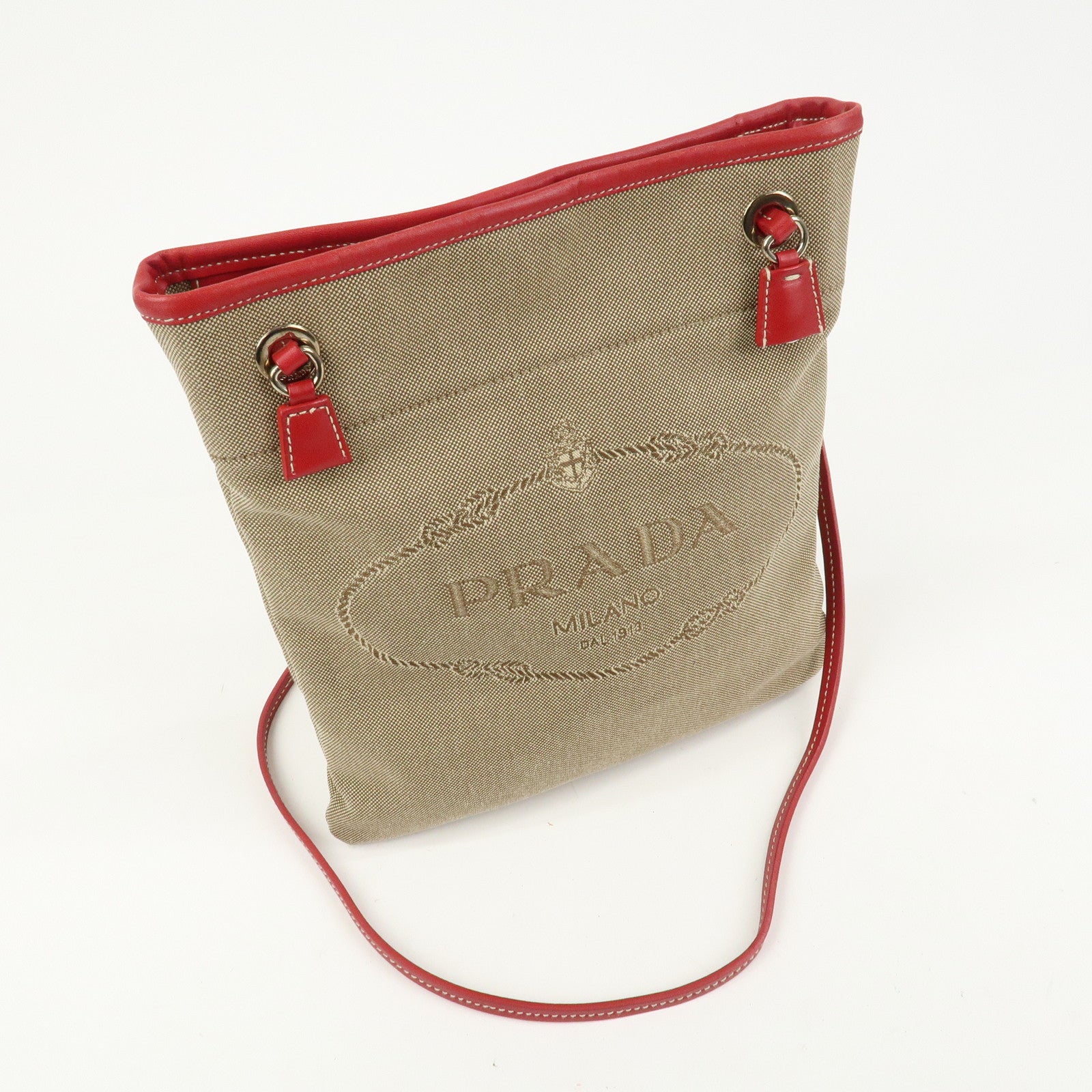 PRADA Logo Canvas Leather Shoulder Bag Crossbody Bag Beige BT0551