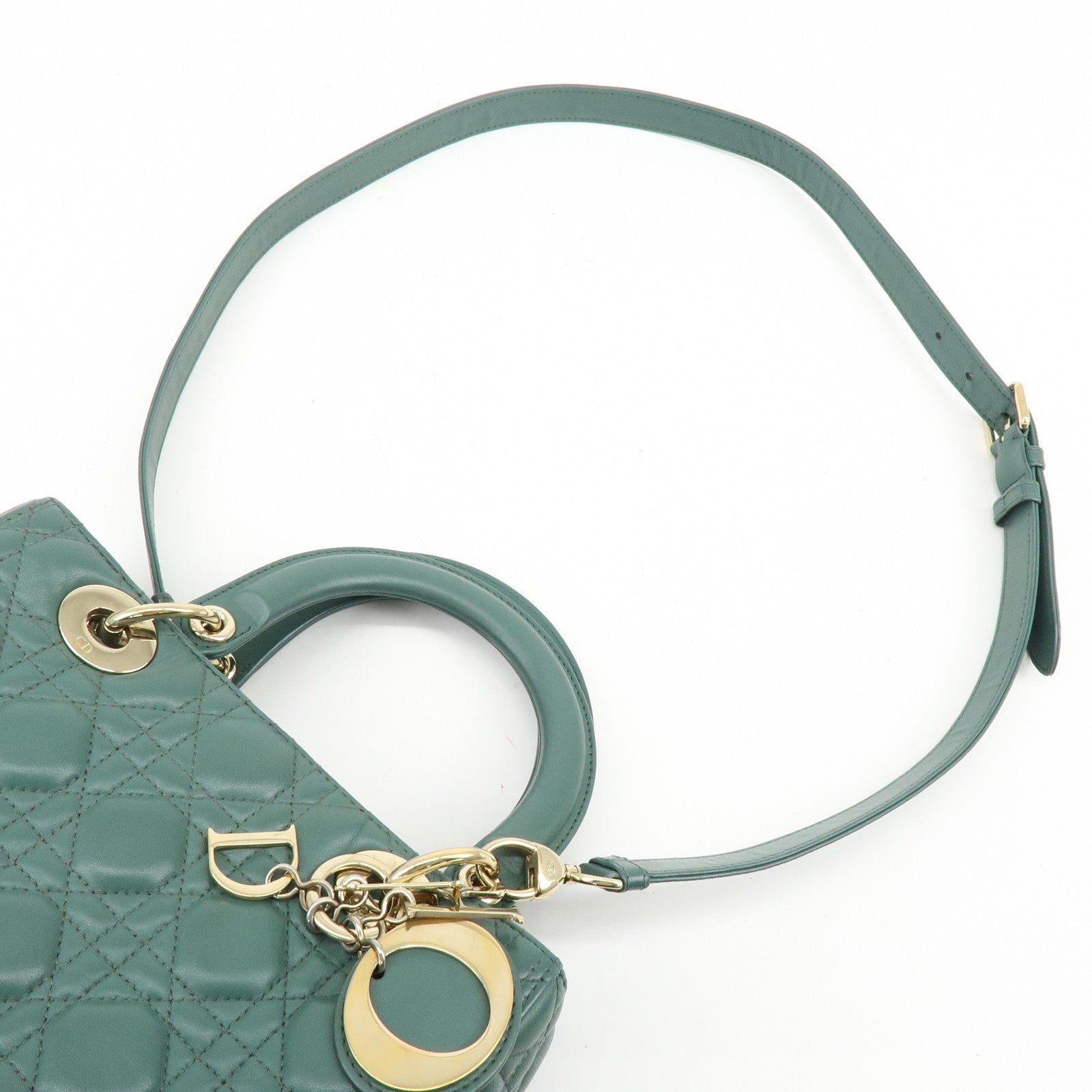 Christian Dior Lady Dior Cannage Lamb Skin 2Way Bag Hand Bag Green