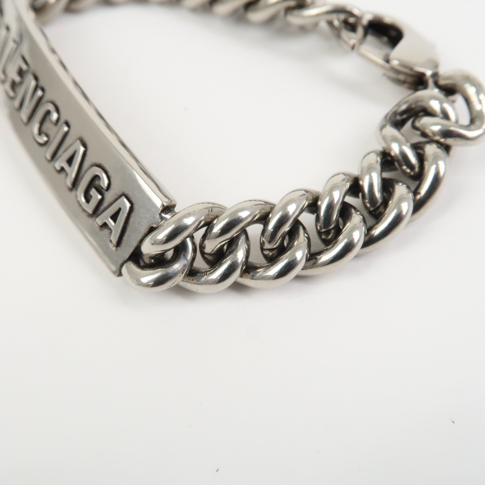 BALENCIAGA Logo Plate Metal Chain Bracelet Silver