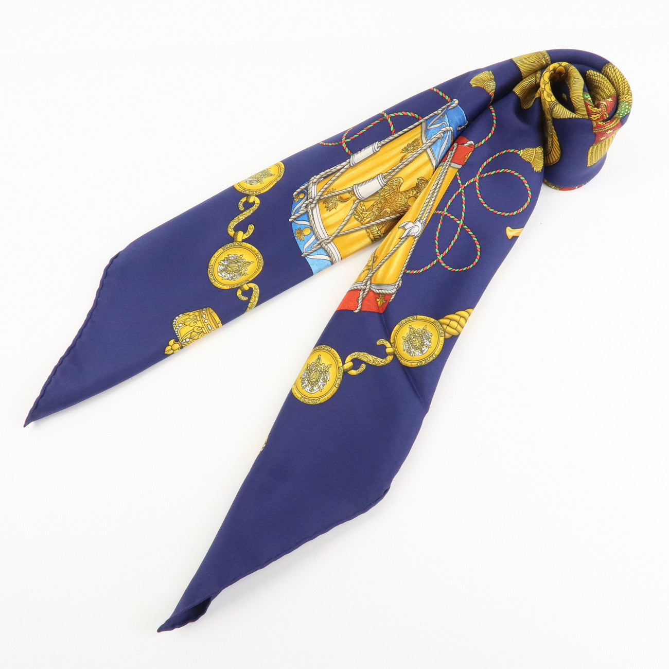 HERMES Carre 90 Silk 100% Scarf LES TAMBOURS Navy Multicolor Used