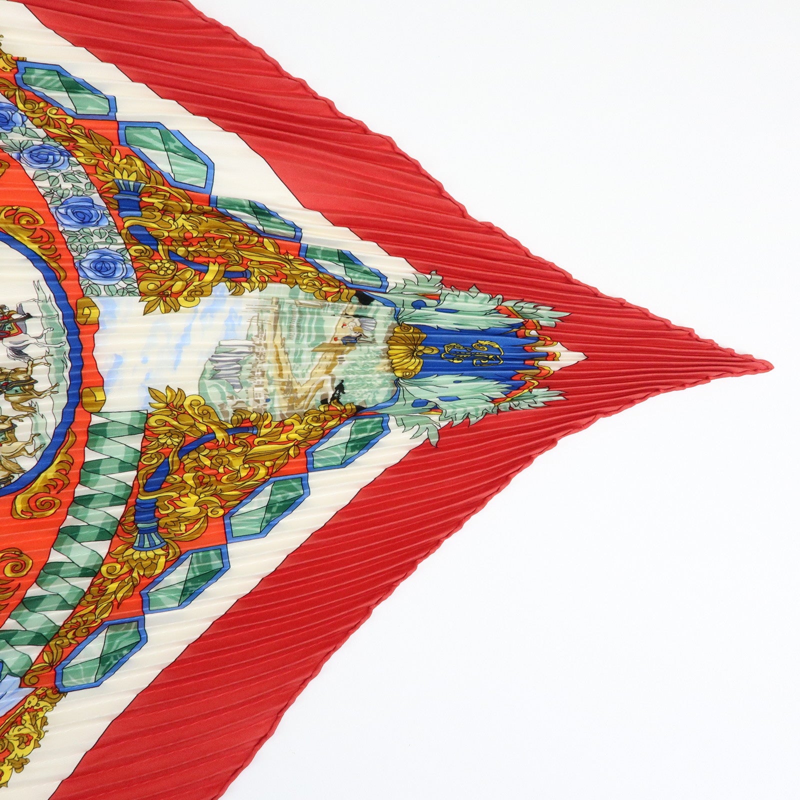 HERMES Pleated Carre Silk 100% Scarf L'ENTENTE CORDIALE Red Blue