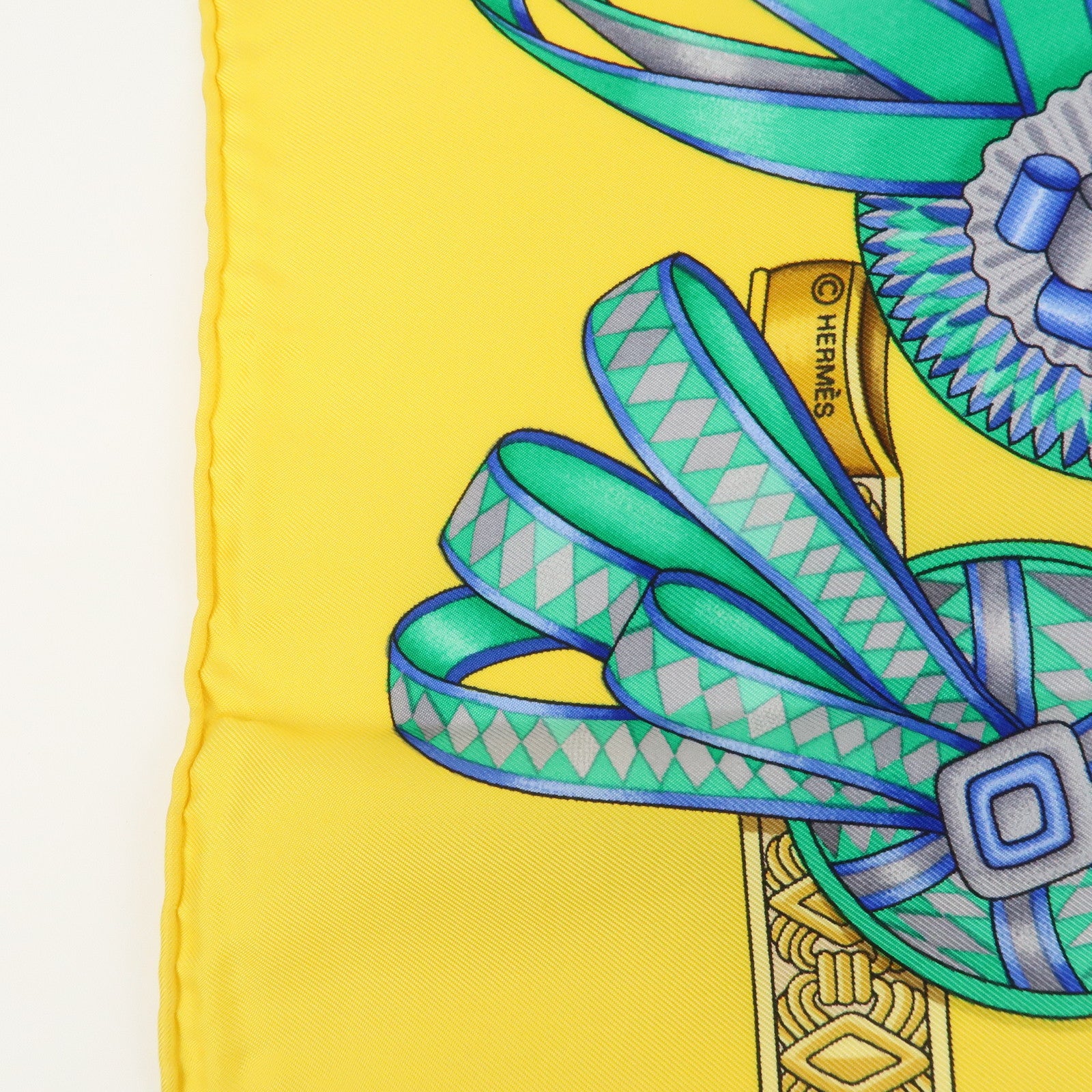 Hermes Carre 90 Silk 100% Scarf LES RUBANS DU CHEVAL Yellow