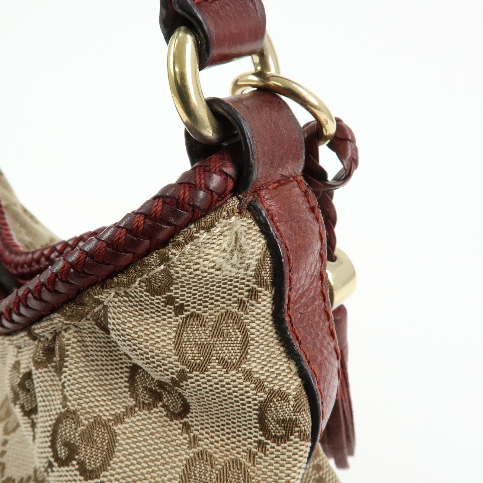GUCCI Marrakech GG Canvas Leather Tassel Shoulder Bag Beige 257026